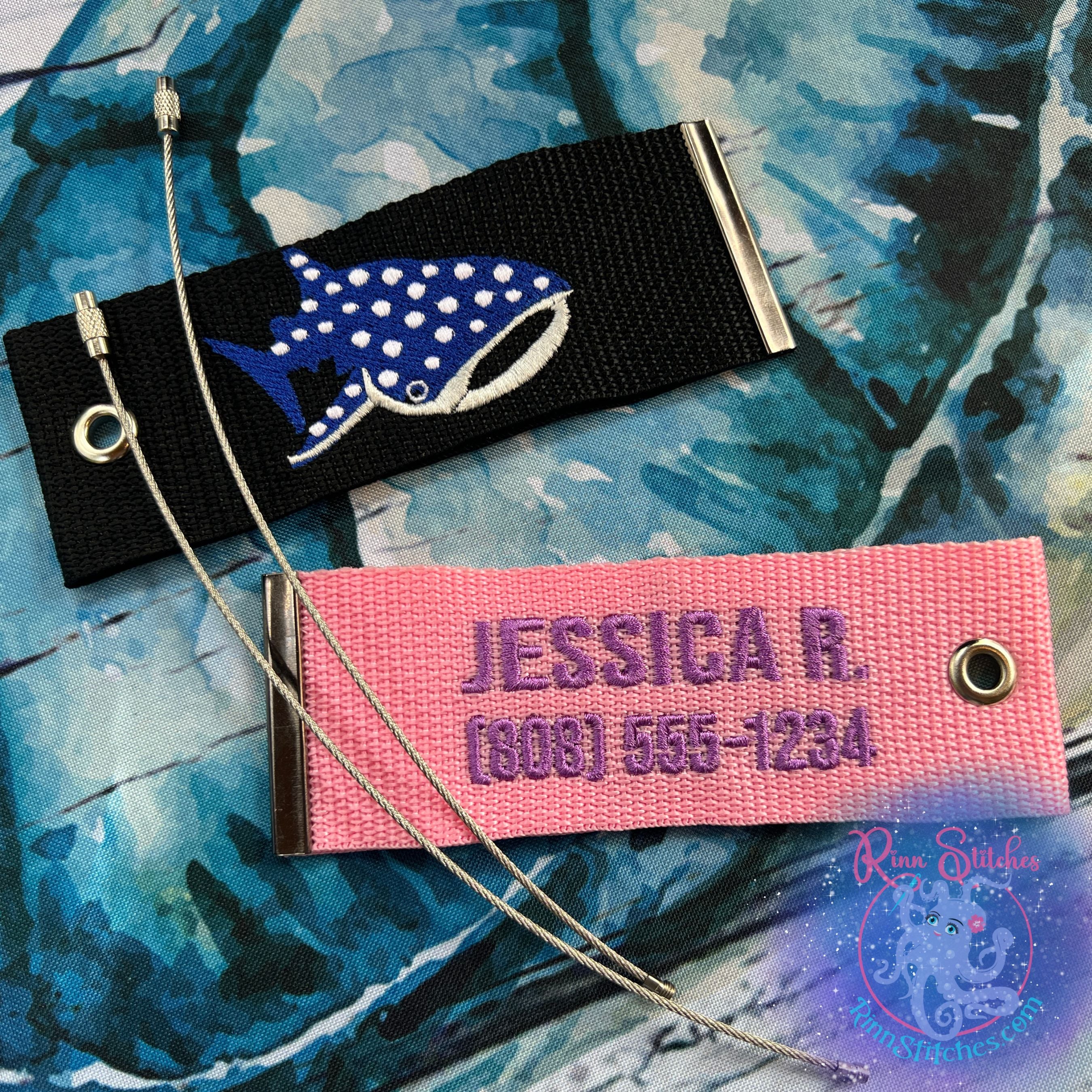 Personalized Embroidered Luggage Tags by Rinn Stitches, made on Maui, Hawaii in the USA. Choose from a varitey of sea creature and scuba diving designs and add up to 3 lines of personalization on the back to make it truly yours and stand out from the rest!