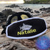 Custom embroidered mask strap cover featuring tiger shark design with white piping edges personalized with Natalie in yellow thread for scuba diving. Maui Made diving accessories by Rinn Stitches