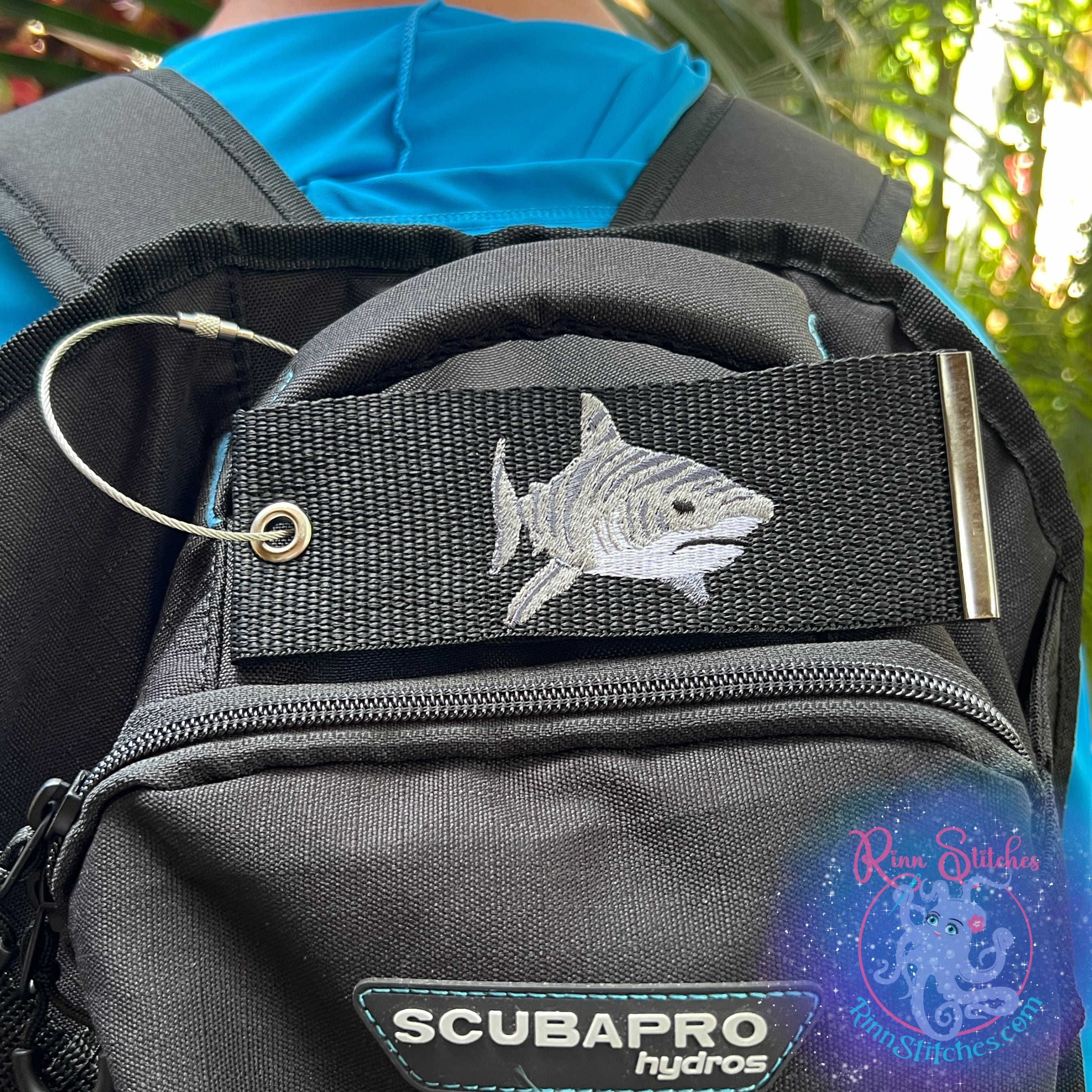 Tiger Shark Luggage Tag, Personalized Embroidered Bag Tag for all your Travel needs by Rinn Stitches on Maui, Hawaii