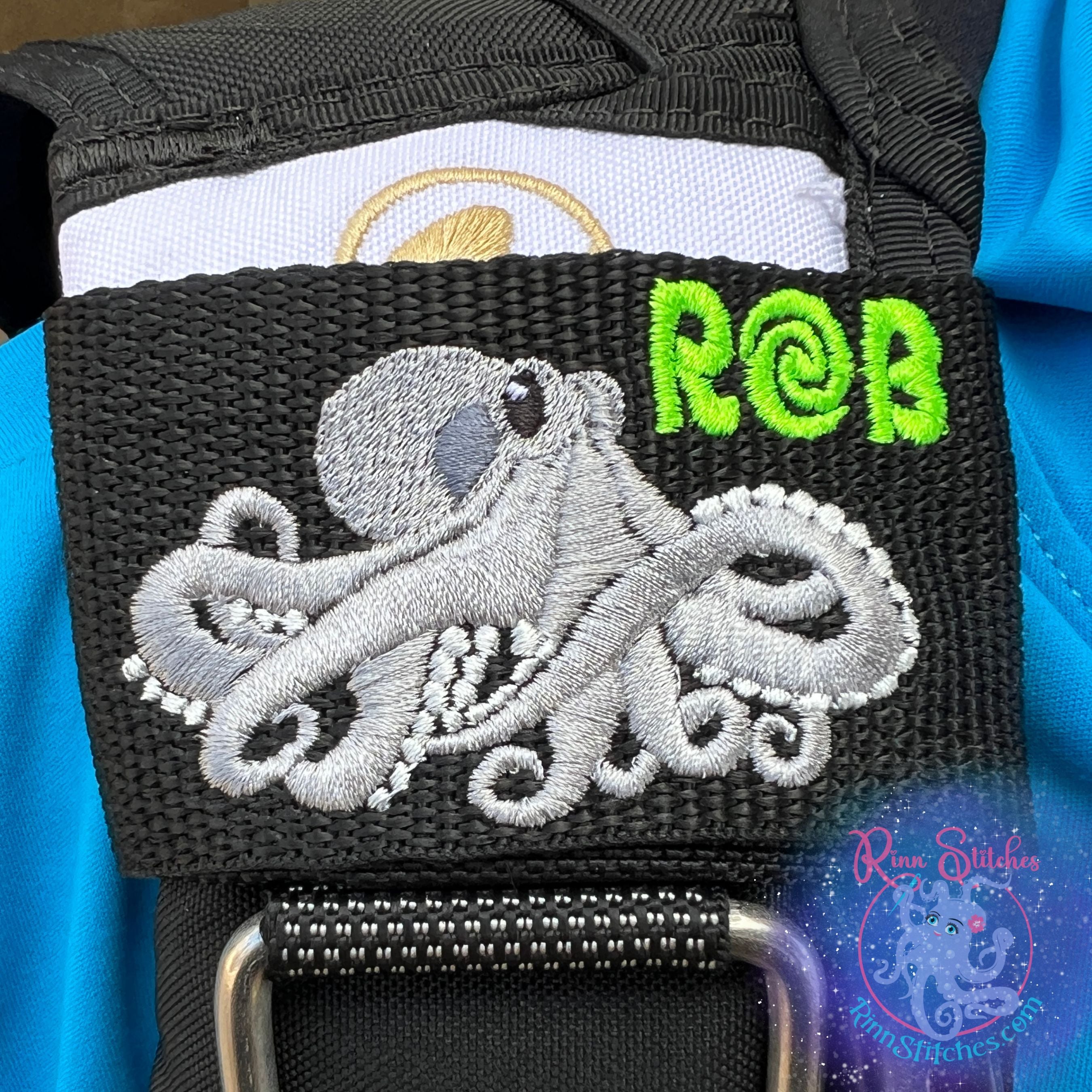 Octopus personalized BCD tag custom embroidered with shark fin body silver suckers featuring the name Rob in Neon Green Thread in our Oceanic Font - scuba diving accessories