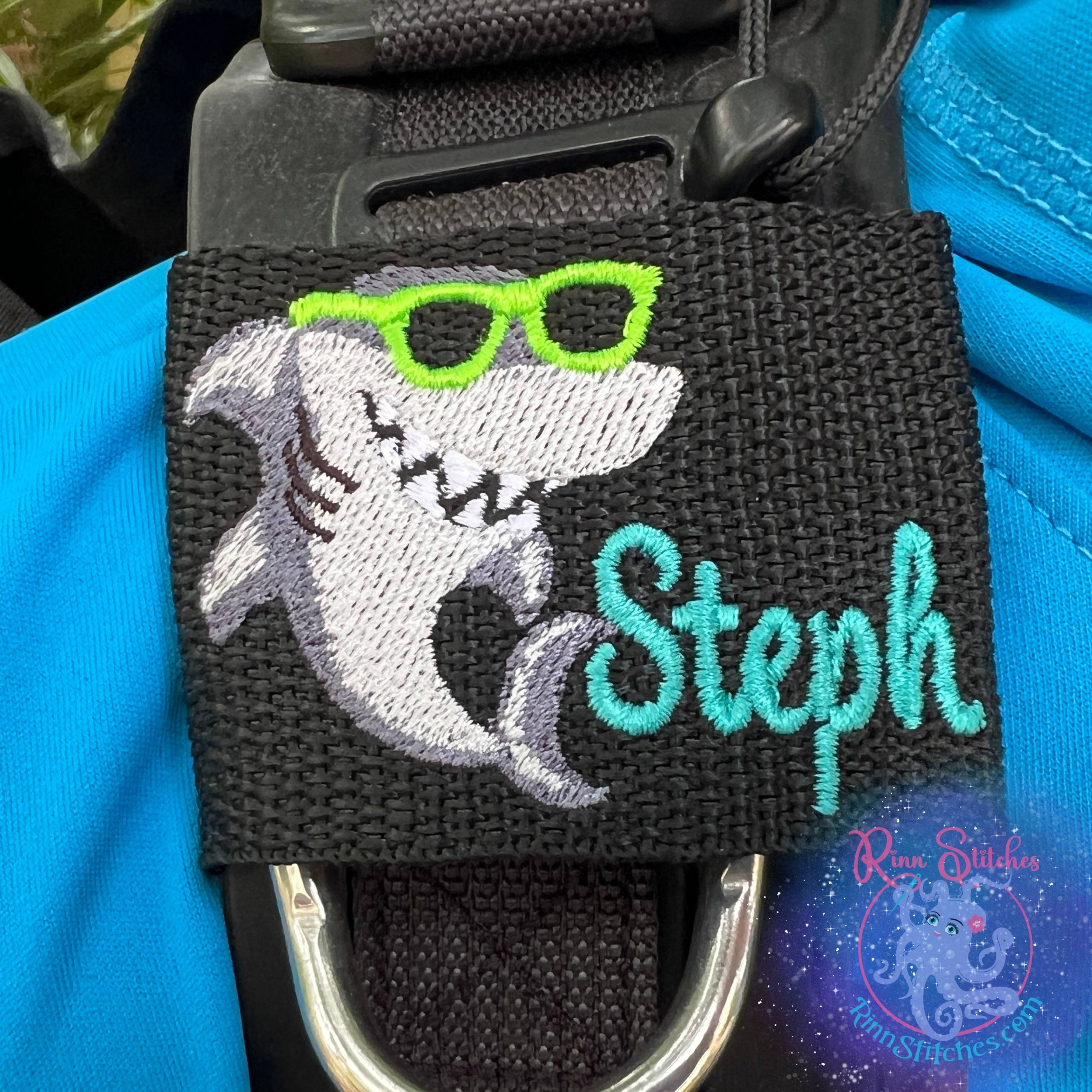 Cool Shark Personalized BCD Tag by Rinn Stitches on Maui, Hawaii - Small BCD Jacket Size (Scuba Pro Hydros, Zeagle Zena) Cool Shark with Neon Green Sunglasses - Steph in Teal in Beach Days Font