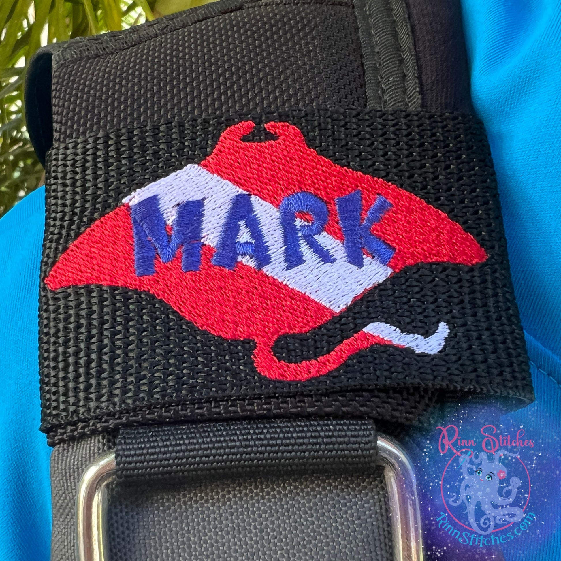 Dive flag manta ray personalized BCD tag red and white manta silhouette blue abyss name Mark embroidered in the center scuba diving accessories