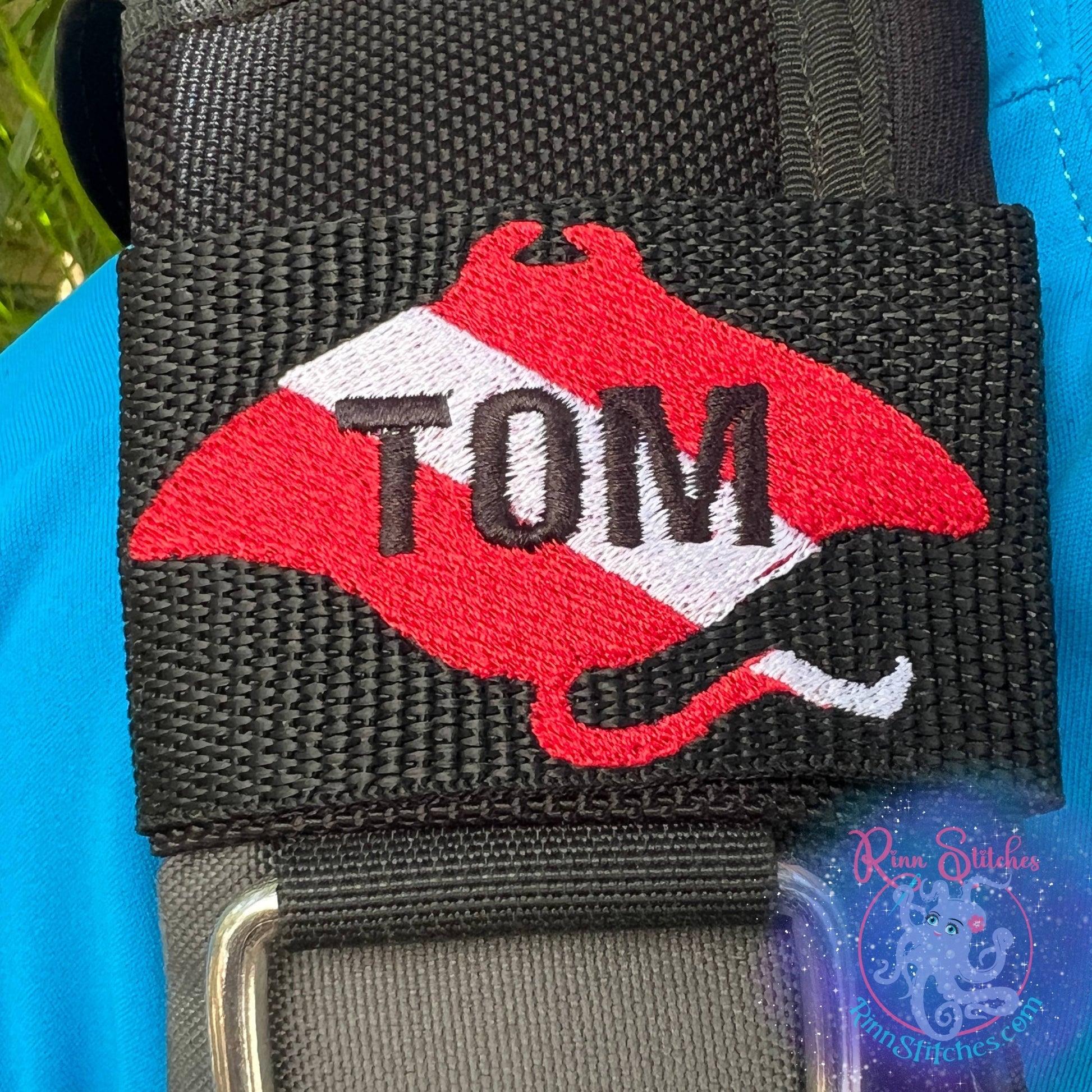 Dive Flag Manta Ray Silhouette Personalized BCD Tag By Rinn Stitches on Maui, Hawaii