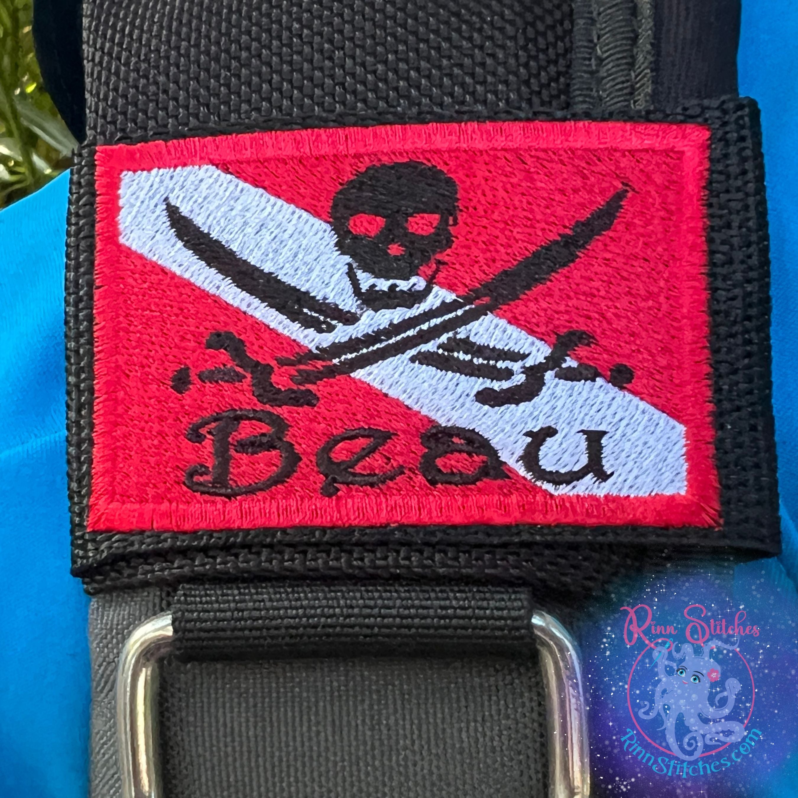 Pirate Dive Flag Personalized BCD Tag By Rinn Stitches on Maui, Hawaii