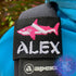 Dive Flag Shark Personalized BCD Tag by Rinn Stitches on Maui, Hawaii - Back Plate and Wing Size with Neon Pink and White Dive Flag Shark with the name Alex in white thread in our Oceanic Font
