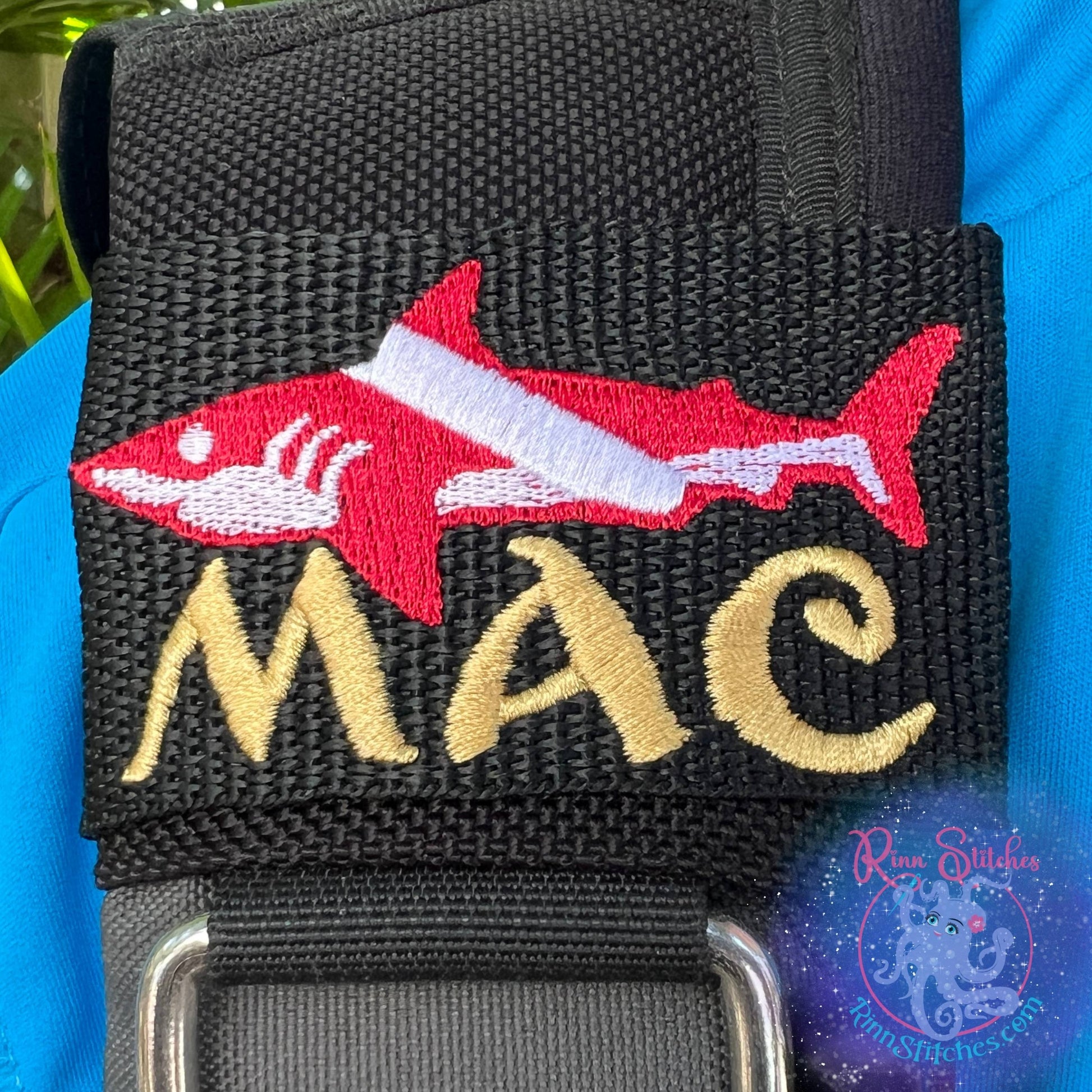 Dive Flag Shark in Red and White featuring the name MAC in Gold in our Oceanic Font Personalized BCD Tag for Scuba Divers made by Rinn Stitches on Maui, Hawaii