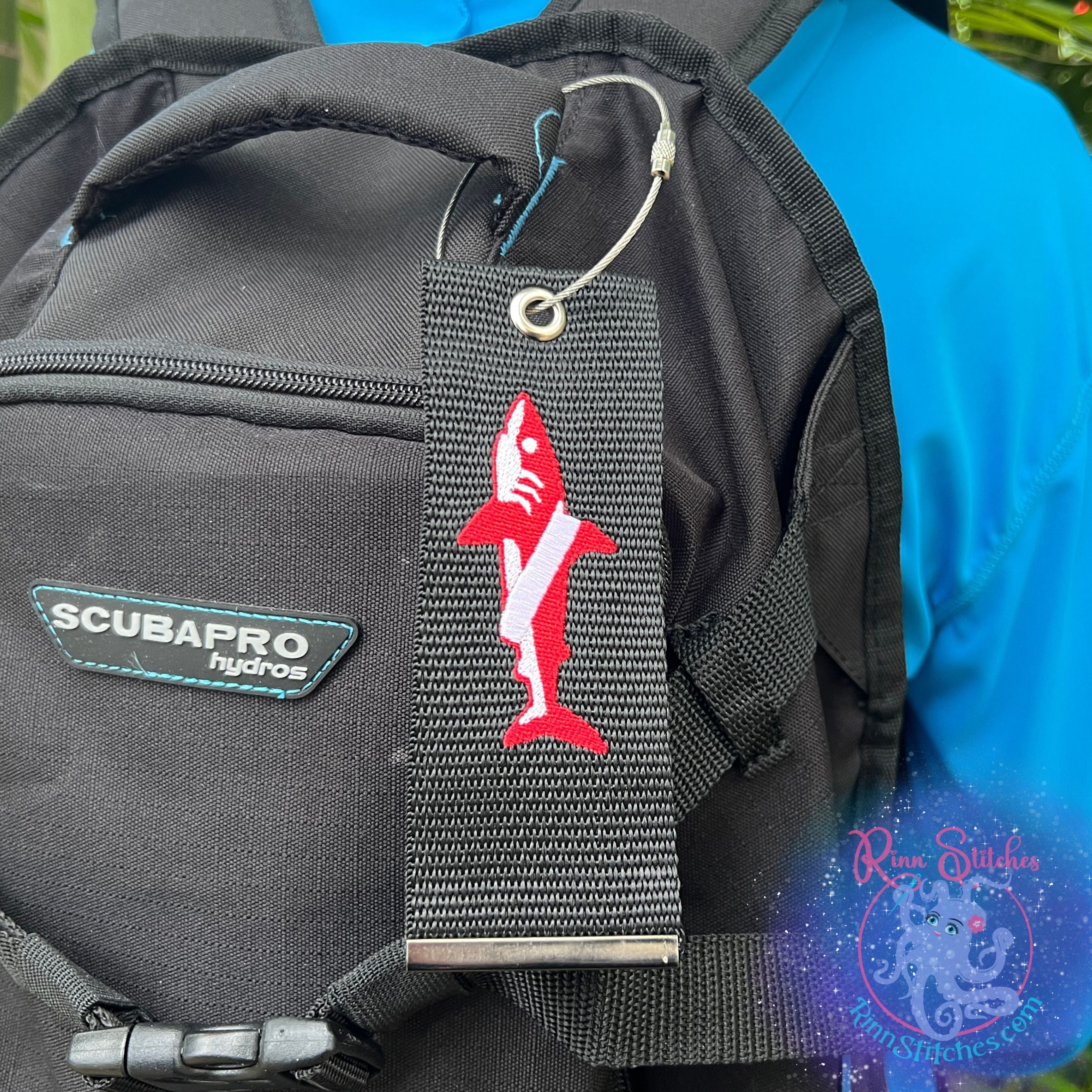 Dive Flag Shark Luggage Tag, Personalized Embroidered Bag Tag for all your Travel needs by Rinn Stitches on Maui, Hawaii