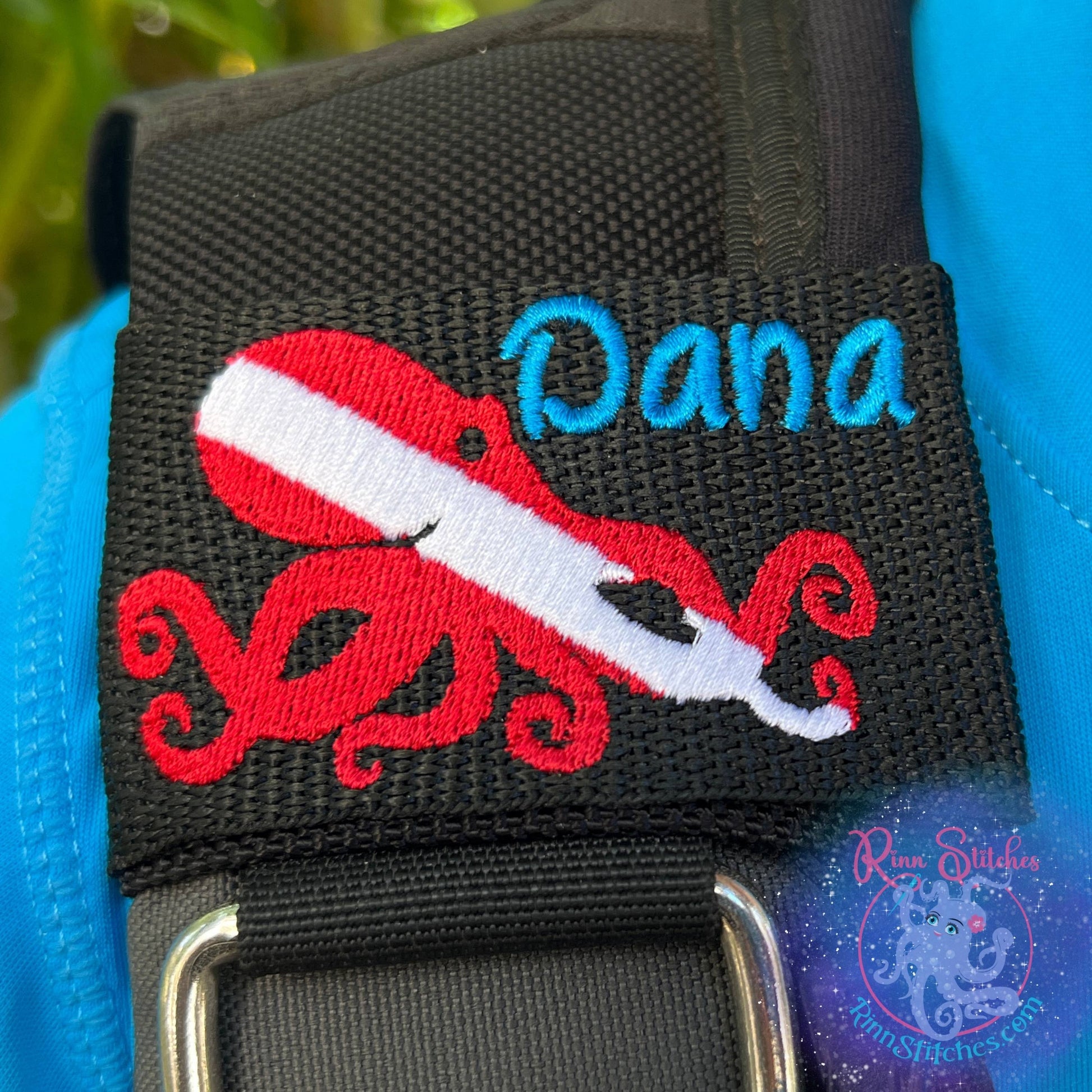 Dive flag Tako octopus personalized BCD tag red white octopus silhouette custom embroidered scuba diving accessories made by Rinn Stitches - Maui, Hawaii - Dive your Vibe
