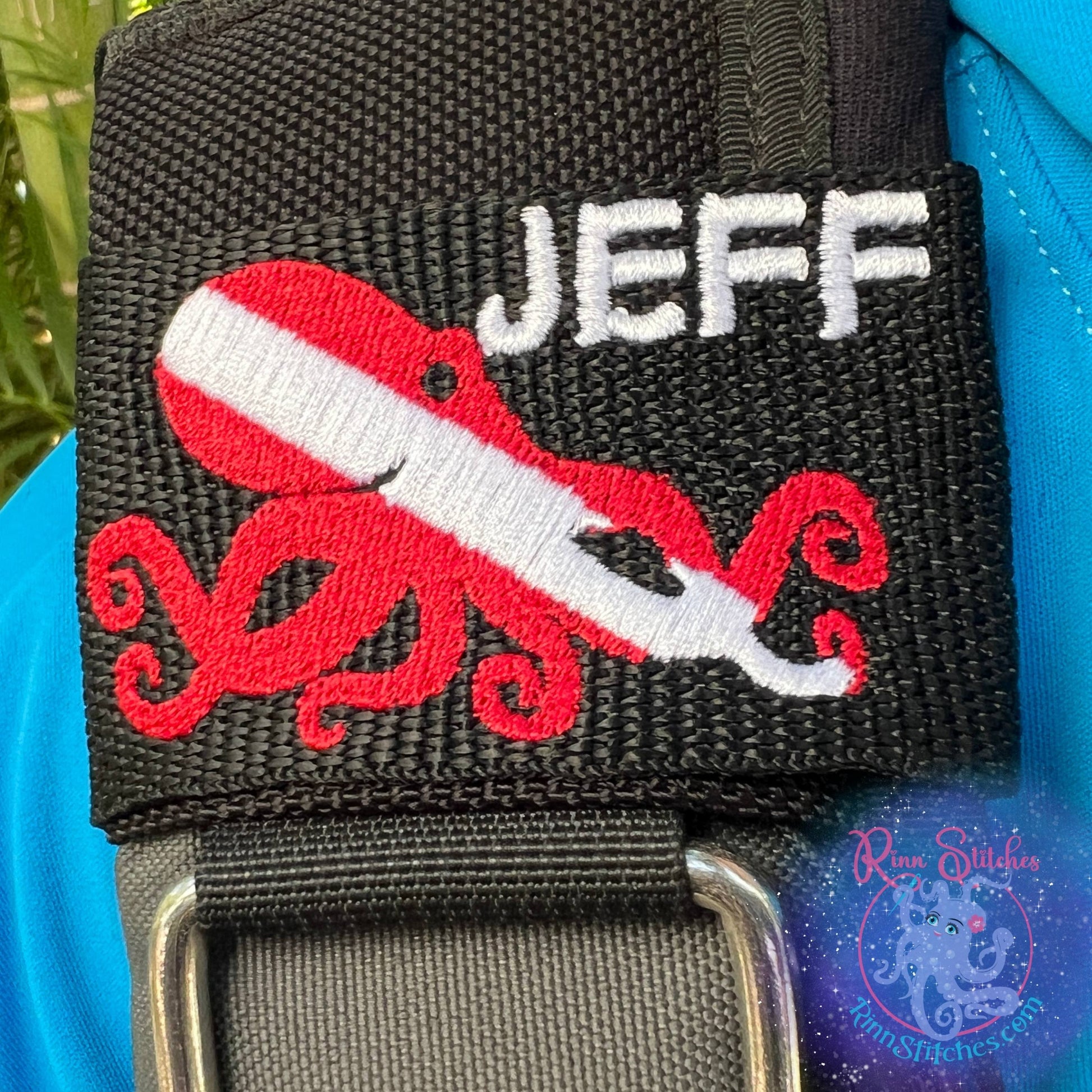Dive flag Tako octopus personalized BCD tag red white octopus silhouette custom embroidered scuba diving accessories made by Rinn Stitches - Maui, Hawaii - Dive your Vibe