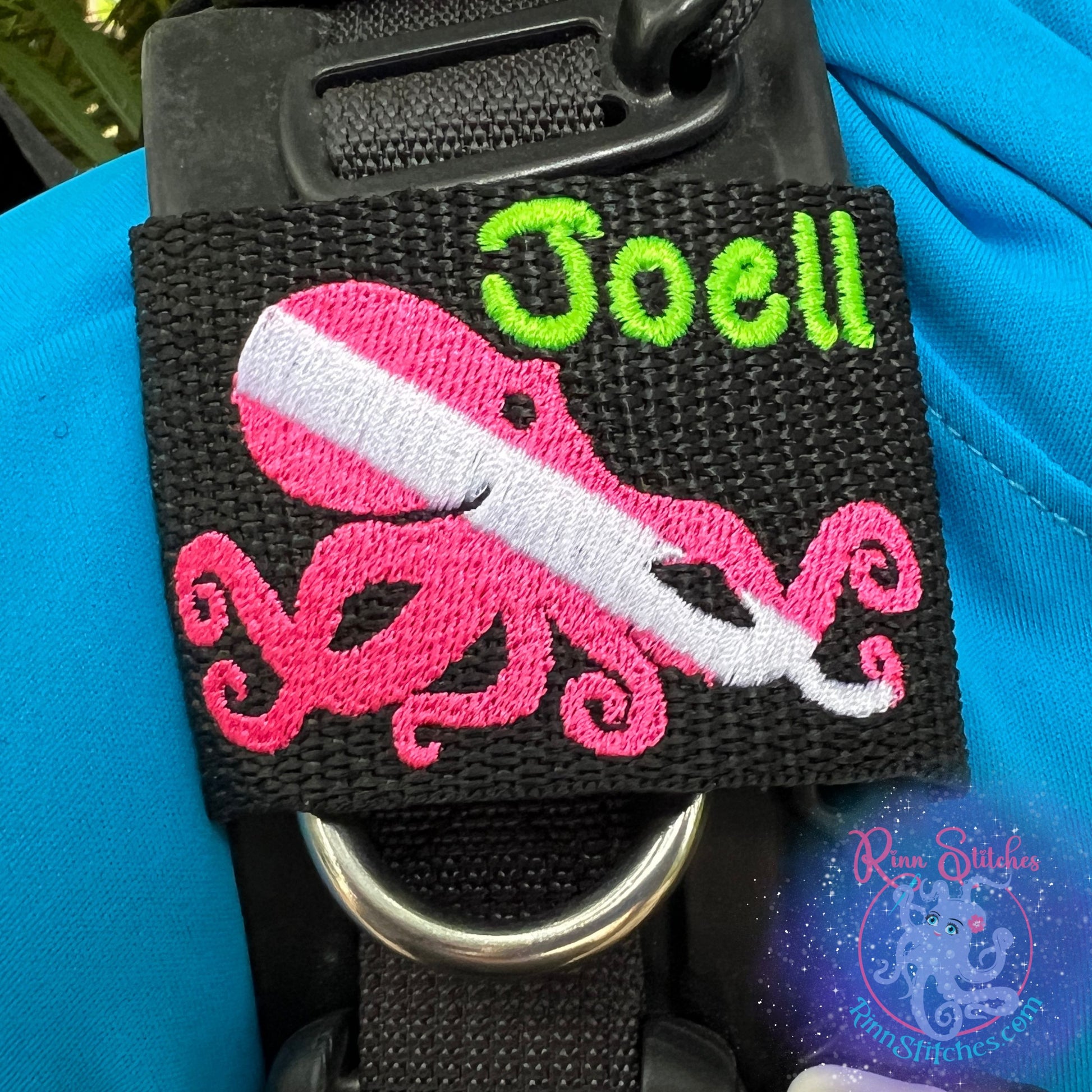 Dive flag Tako octopus personalized BCD tag neon pink and white octopus silhouette custom embroidered scuba diving accessories made by Rinn Stitches - Maui, Hawaii - Dive your Vibe
