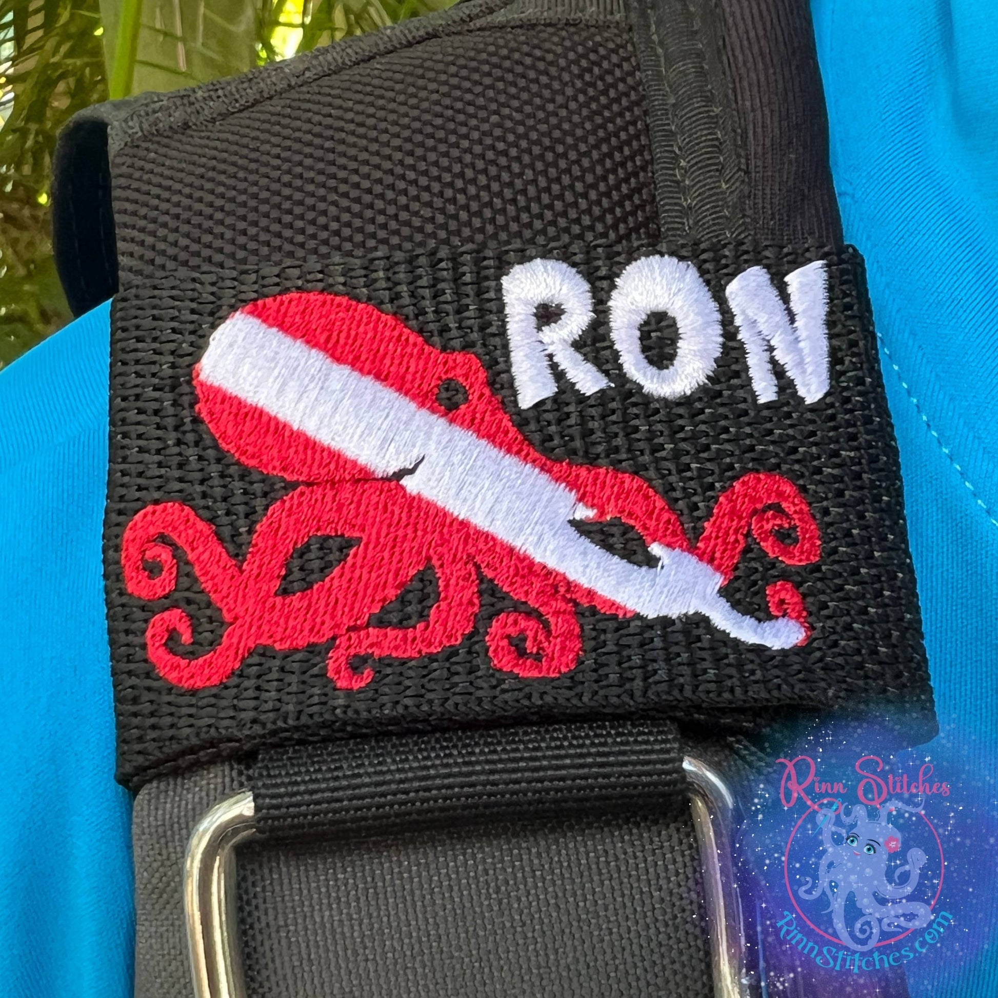 Dive flag Tako octopus personalized BCD tag red white octopus silhouette custom embroidered scuba diving accessories made by Rinn Stitches - Maui, Hawaii - Dive your Vibe