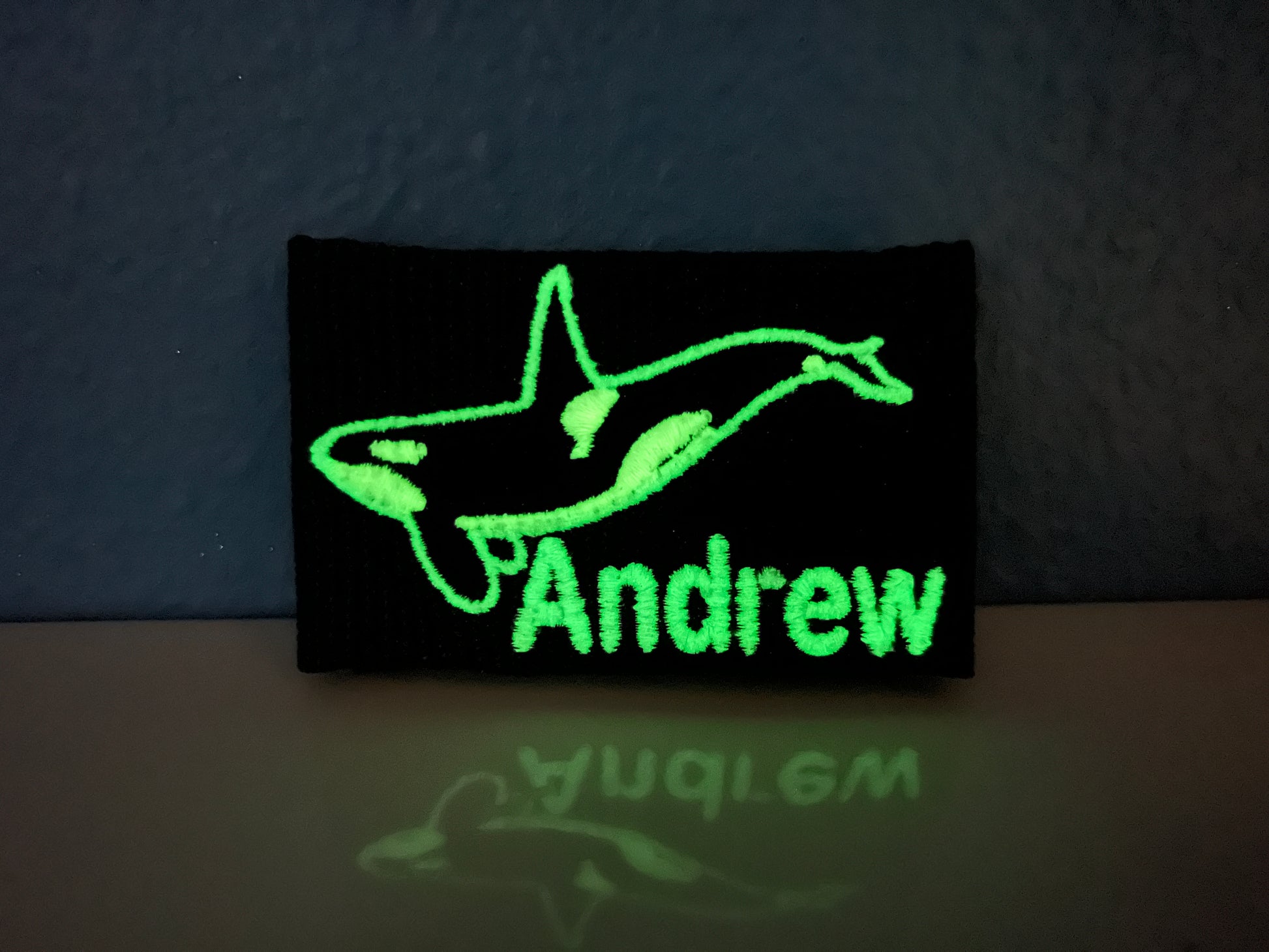 Glow in the Dark Personalized Orca BCD Tag by Rinn Stitches on Maui, Hawaii