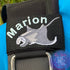 Realistic manta ray personalized BCD tag detailed design curved name Marion in Sea Foam and Deep Sea Diving Font embroidered top left scuba diving accessories
