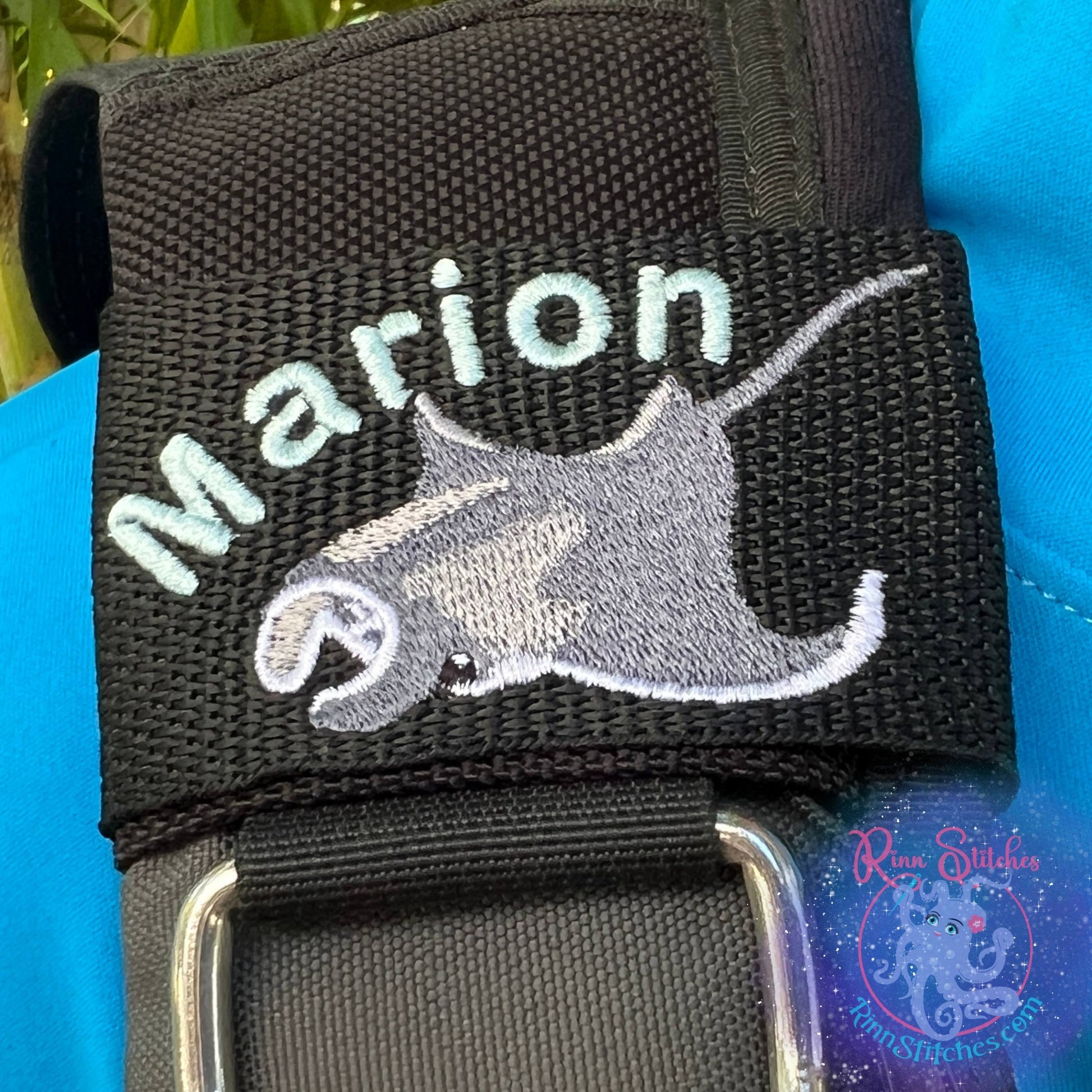 Realistic manta ray personalized BCD tag detailed design curved name Marion in Sea Foam and Deep Sea Diving Font embroidered top left scuba diving accessories