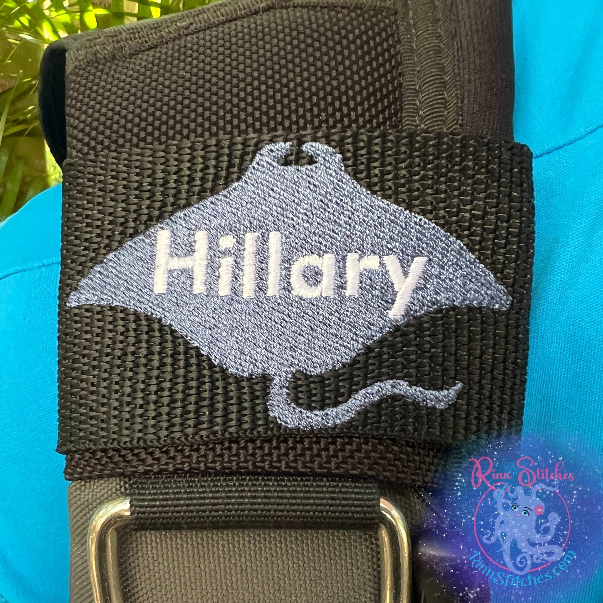 Manta Ray Silhouette Personalized BCD Tag by Rinn Stitches on Maui, Hawaii