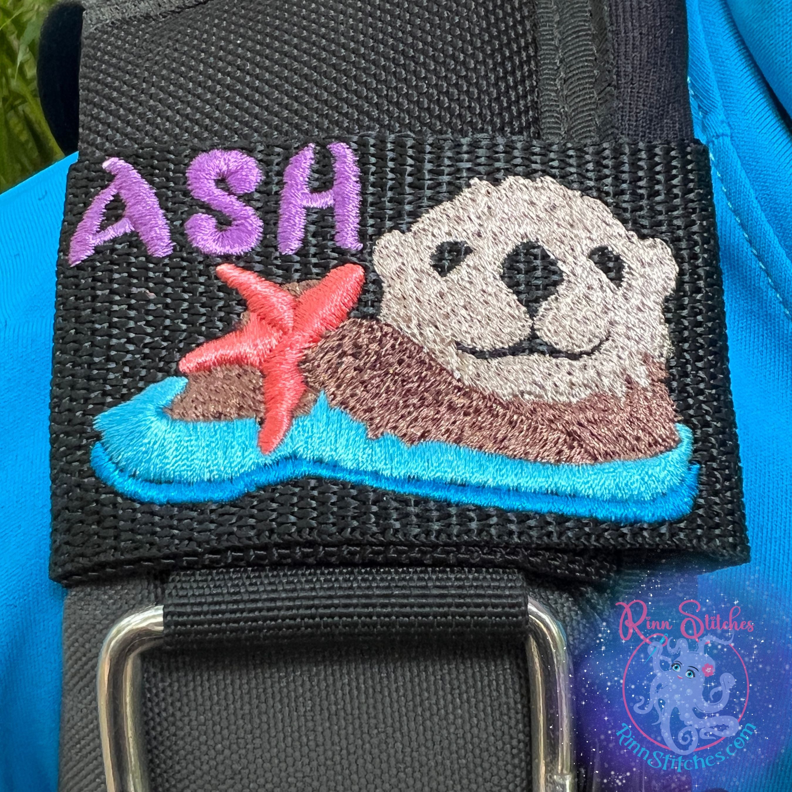 Sea Otter Personalized BCD Tag - Coral Starfish - Name Ash in Purple Thread and Oceanic Font by Rinn Stitches on Maui, Hawaii
