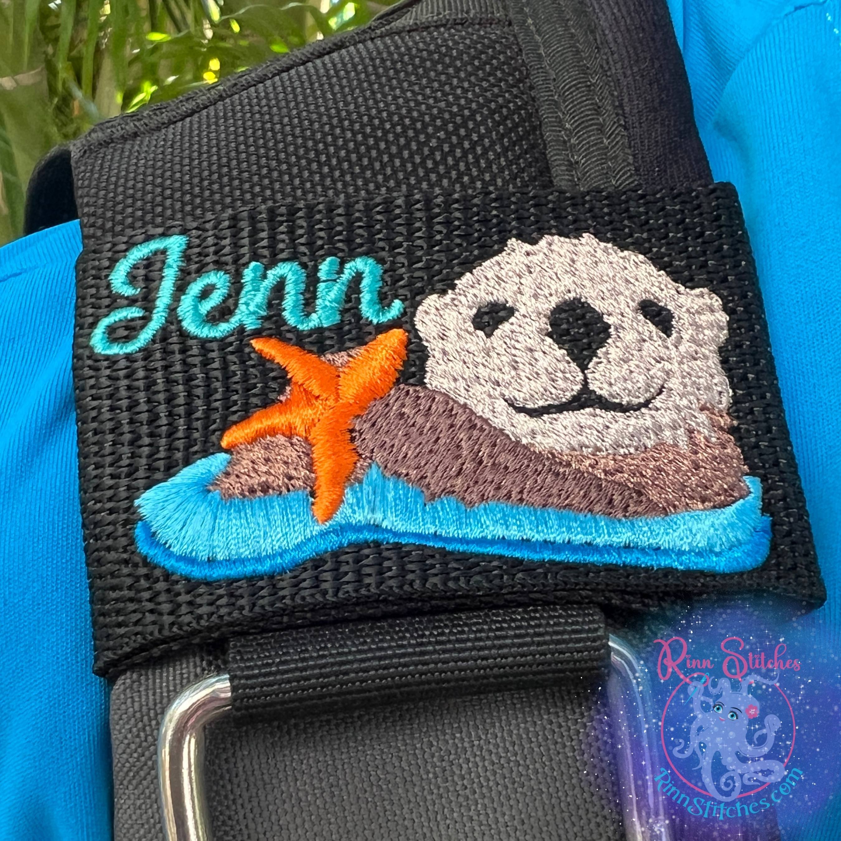 Sea Otter Personalized BCD Tag - Orange Starfish - Name Jenn in Teal in Beach Days Font by Rinn Stitches on Maui, Hawaii
