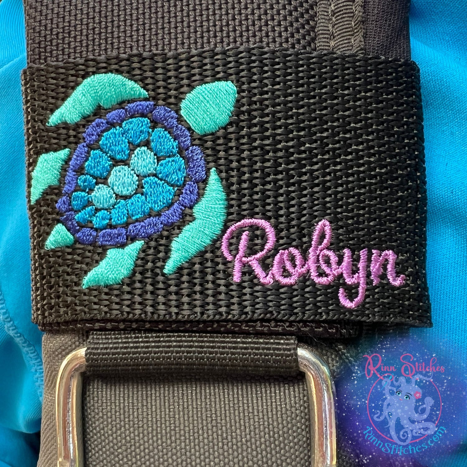 Sea Turtle Design Teal, Ocean, Blue Abyss Shell Personalized Embroidered BCD Tag by Rinn Stitches on Maui, Hawaii