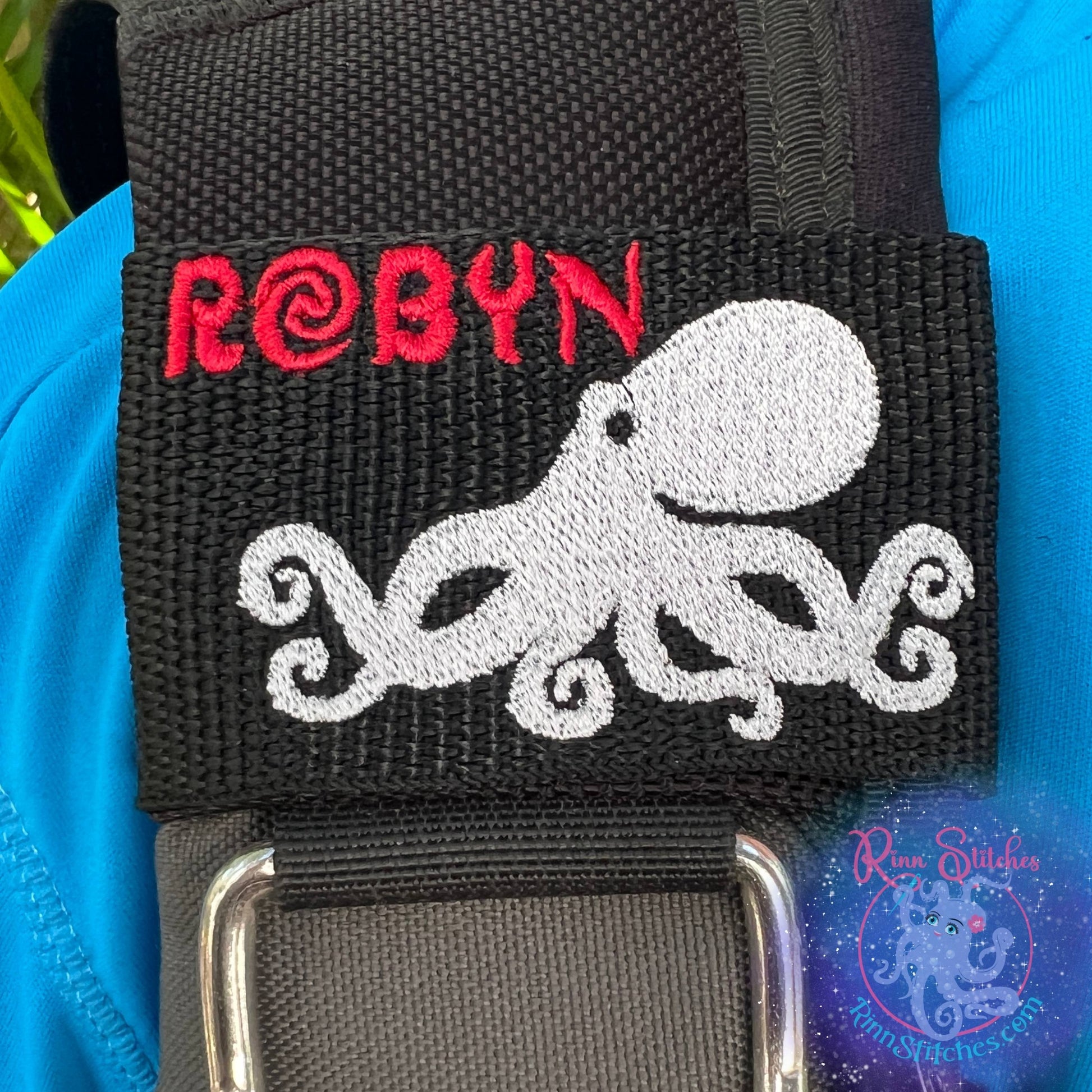Tako (Octopus) | Personalized & Customizable Scuba Diver BCD Identification Tag | Made on Maui | Scuba Diver Gift | Rinn Stitches Featuring the name Robyn in Red Thread in our Oceanic Font