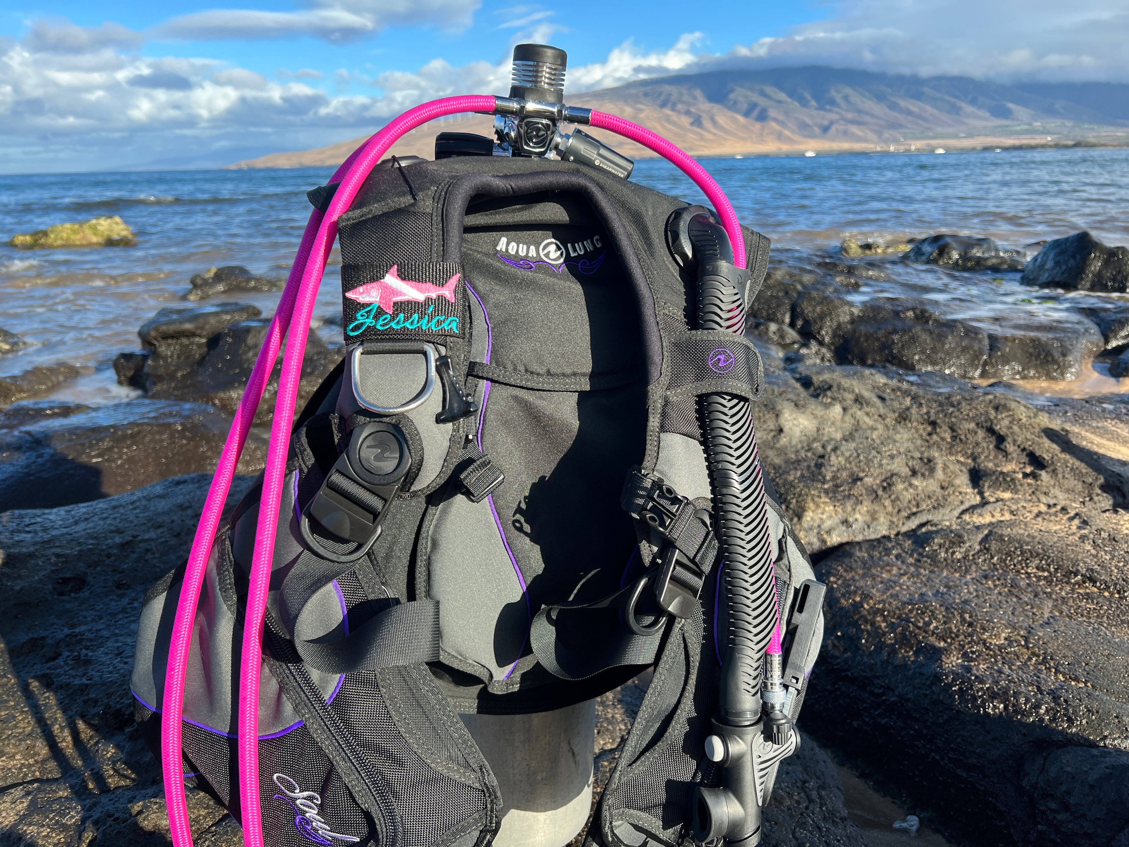 Pink Dive Flag Shark Personalized BCD Tag by Rinn Stitches on Maui, Hawaii