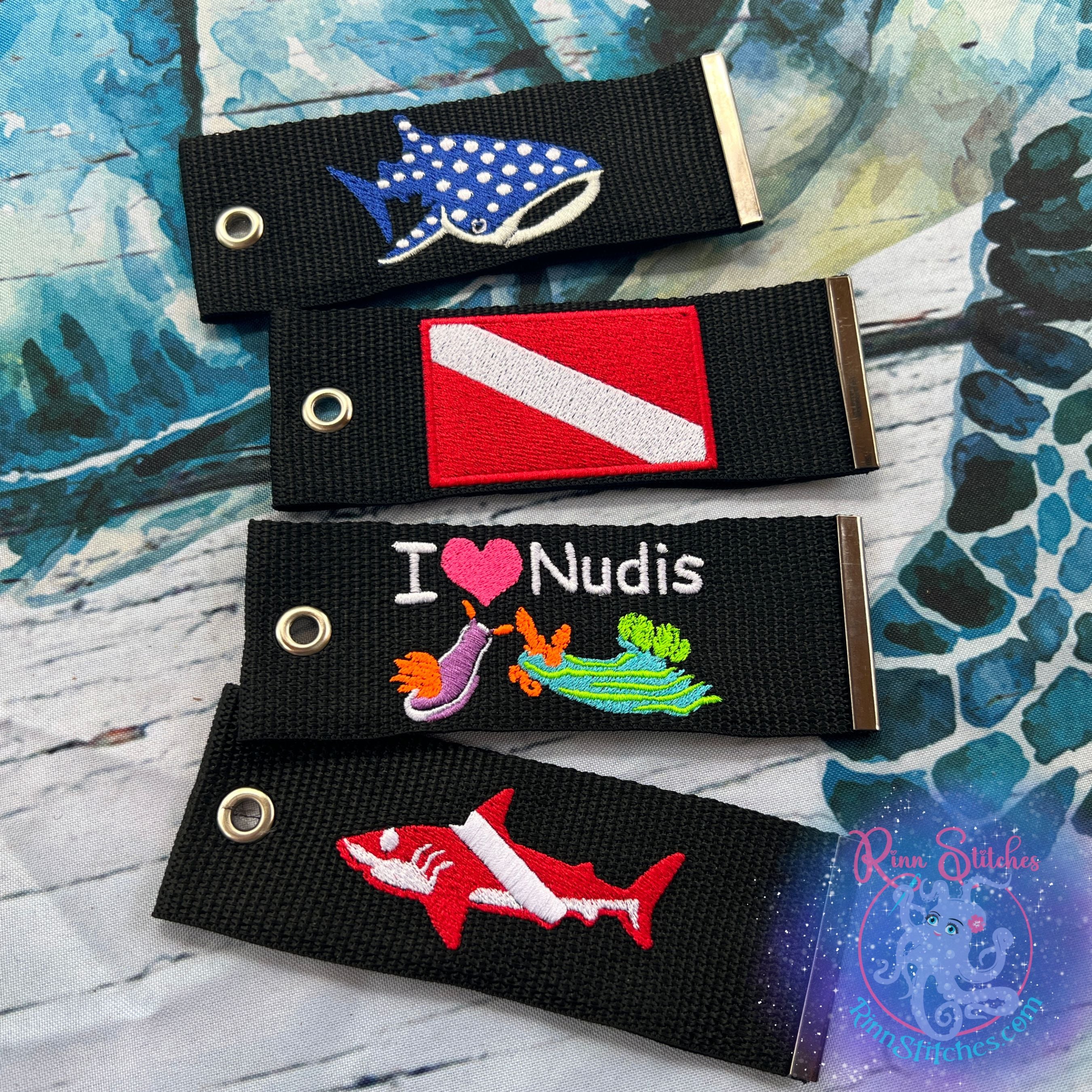 Personalized Embroidered Luggage Tags by Rinn Stitches, made on Maui, Hawaii in the USA. Choose from a varitey of sea creature and scuba diving designs and add up to 3 lines of personalization on the back to make it truly yours and stand out from the rest!