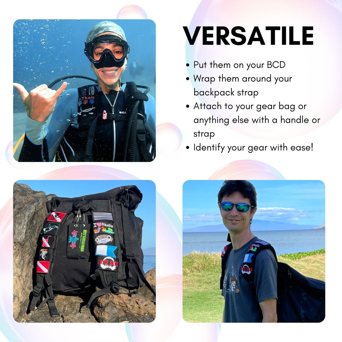 Personalized scuba BCD tags shown on a diver, backpack, and gear straps to demonstrate versatile use for identifying dive and travel gear