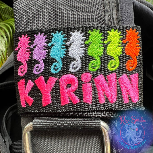 Neon Seahorses Personalized BCD Tag By Rinn Stitches on Maui, Hawaii