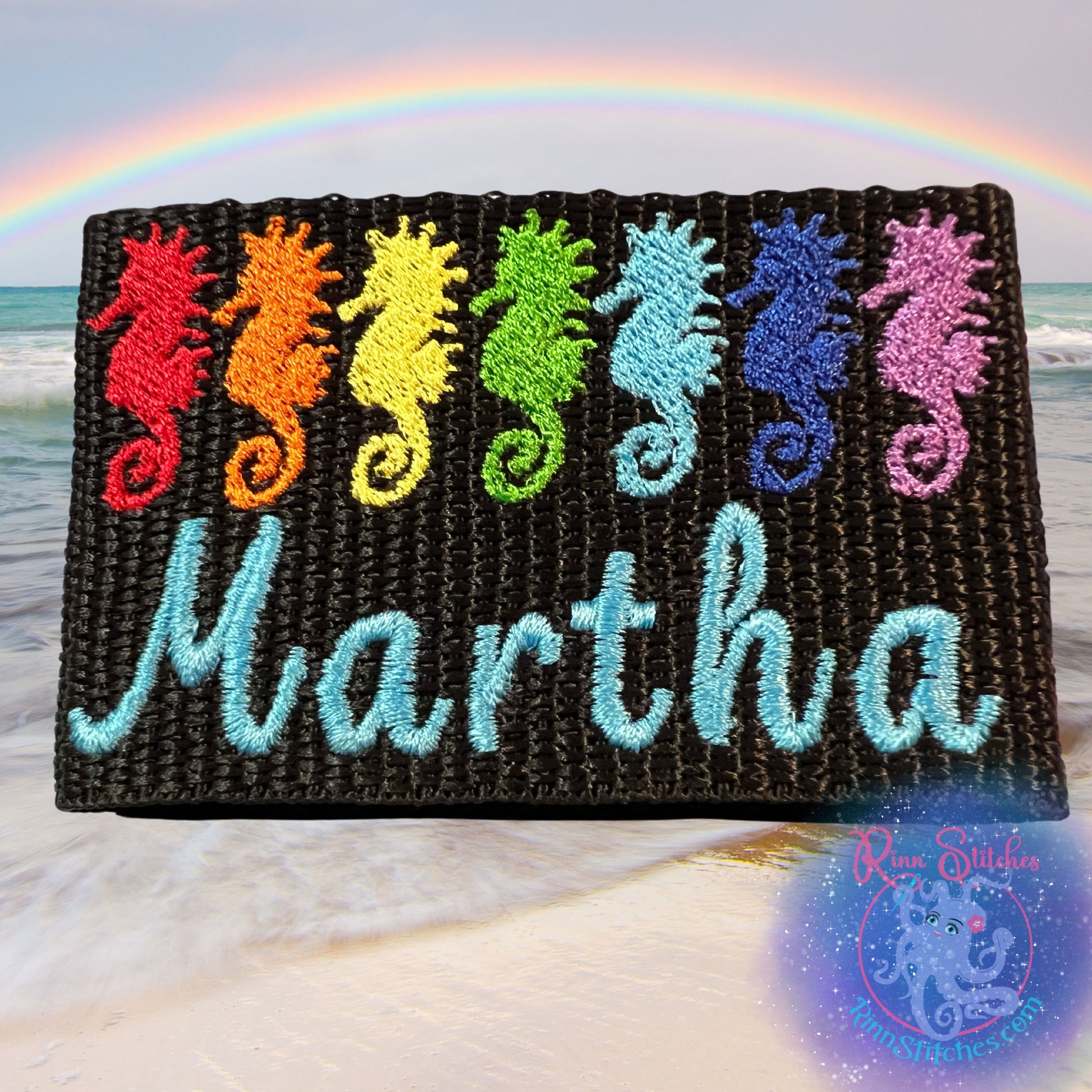 Rainbow Seahorses Personalized BCD Tag By Rinn Stitches on Maui, Hawaii