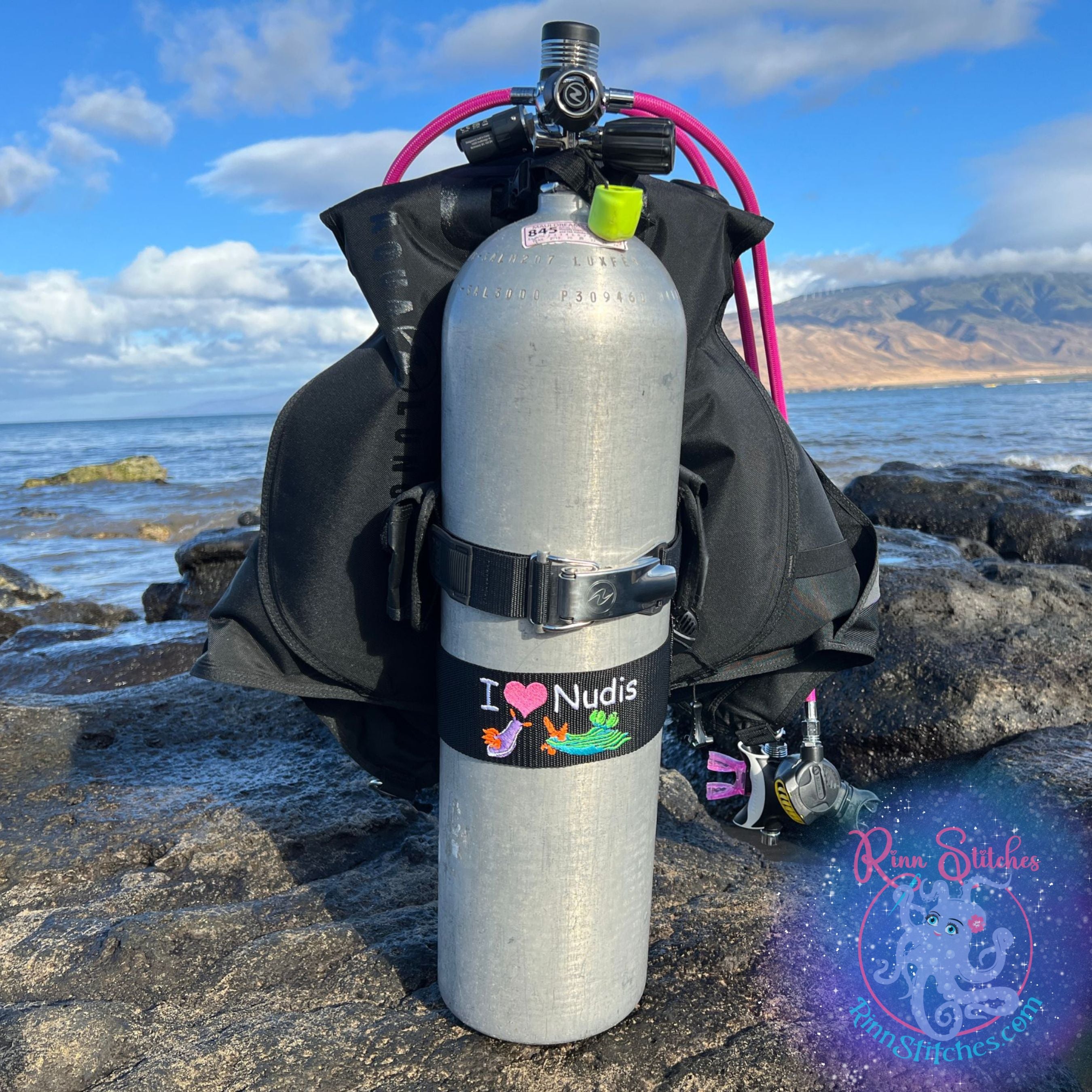 I Heart Nudis Scuba Tank Strap by Rinn Stitches on Maui, Hawaii