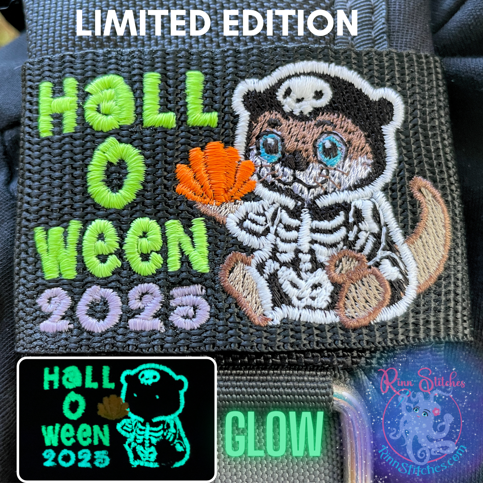 Limited Edition Skeleton Otter BCD Tag — Halloween scuba gear ID tag with glow-in-the-dark embroidered otter skeleton, handmade by Rinn Stitches on Maui.