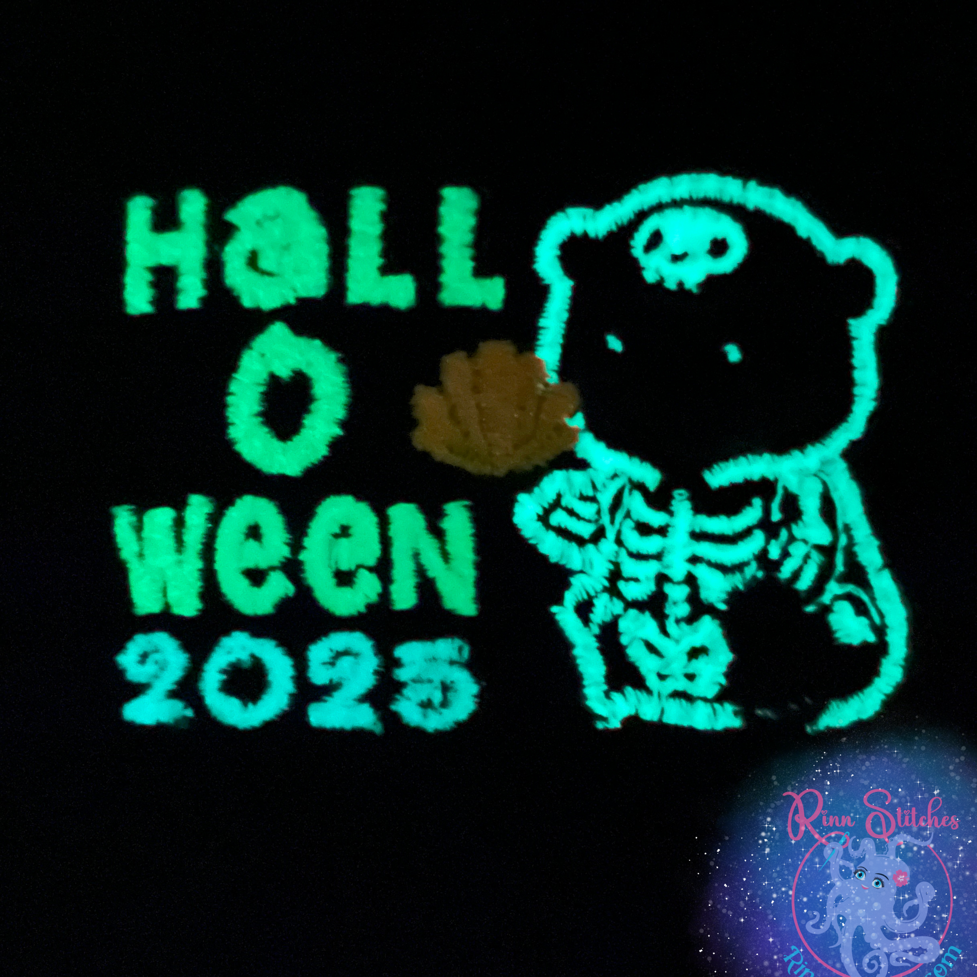 Limited Edition Skeleton Otter BCD Tag — Halloween scuba gear ID tag with glow-in-the-dark embroidered otter skeleton, handmade by Rinn Stitches on Maui.