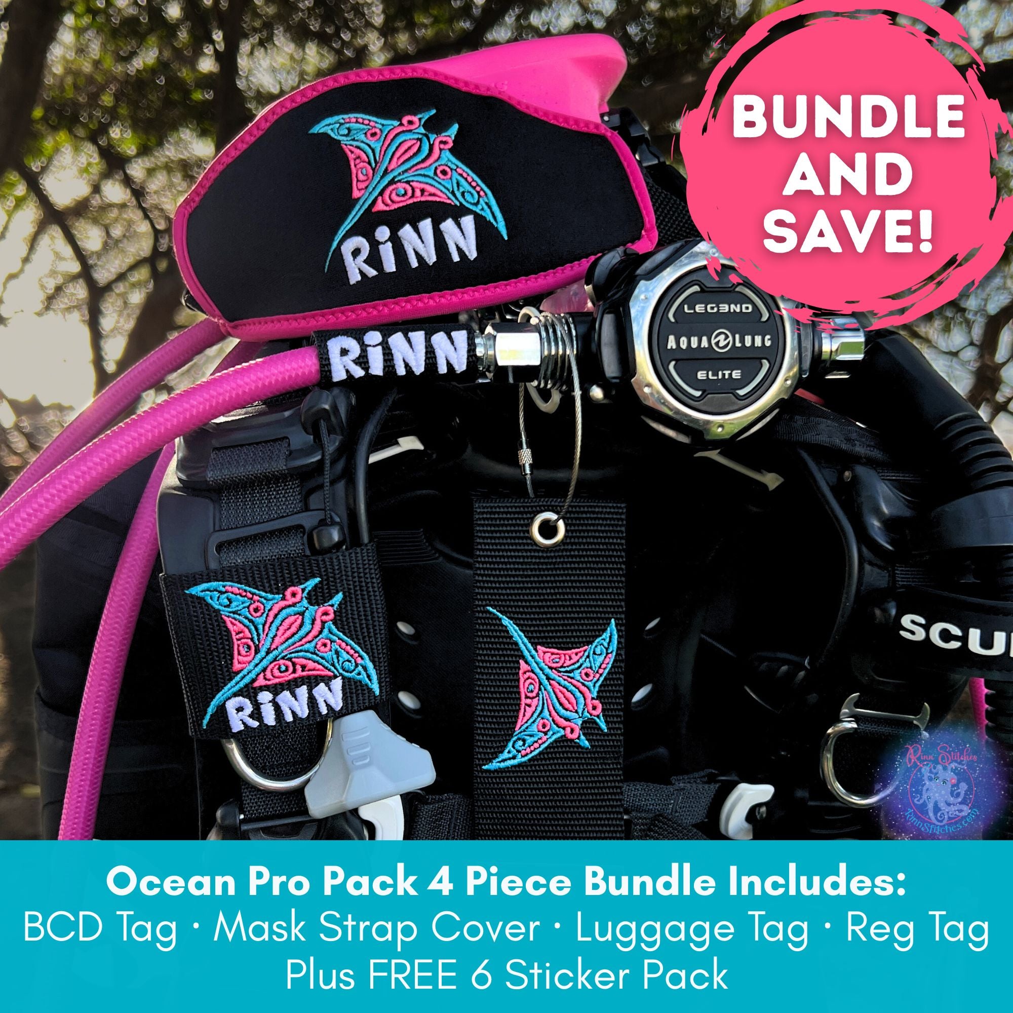 Ocean Pro Pack 4 Piece Bundle - BCD Tag, Mask Strap Cover, Luggage Tag, and Reg Tag, plus Free Stickers by Rinn Stitches on Maui Hawaii