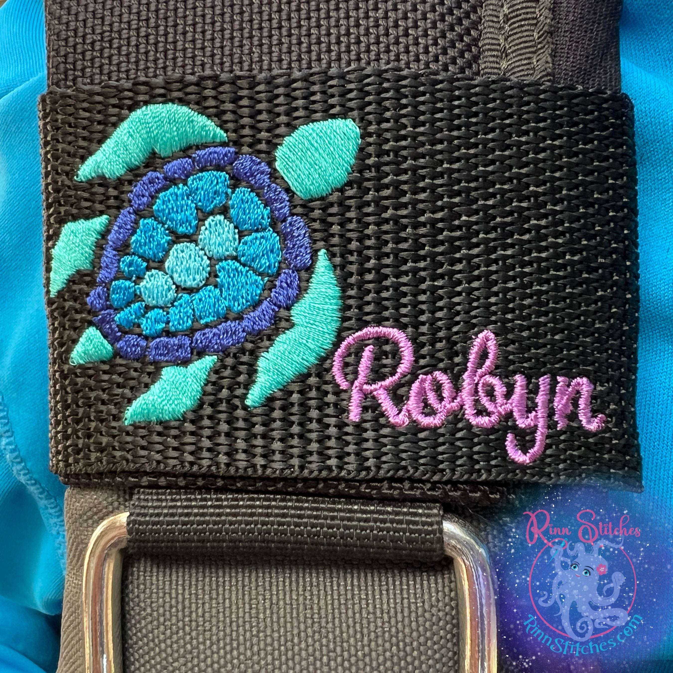 Sea Turtle Design Teal, Ocean, Blue Abyss Shell Personalized Embroidered BCD Tag by Rinn Stitches on Maui, Hawaii