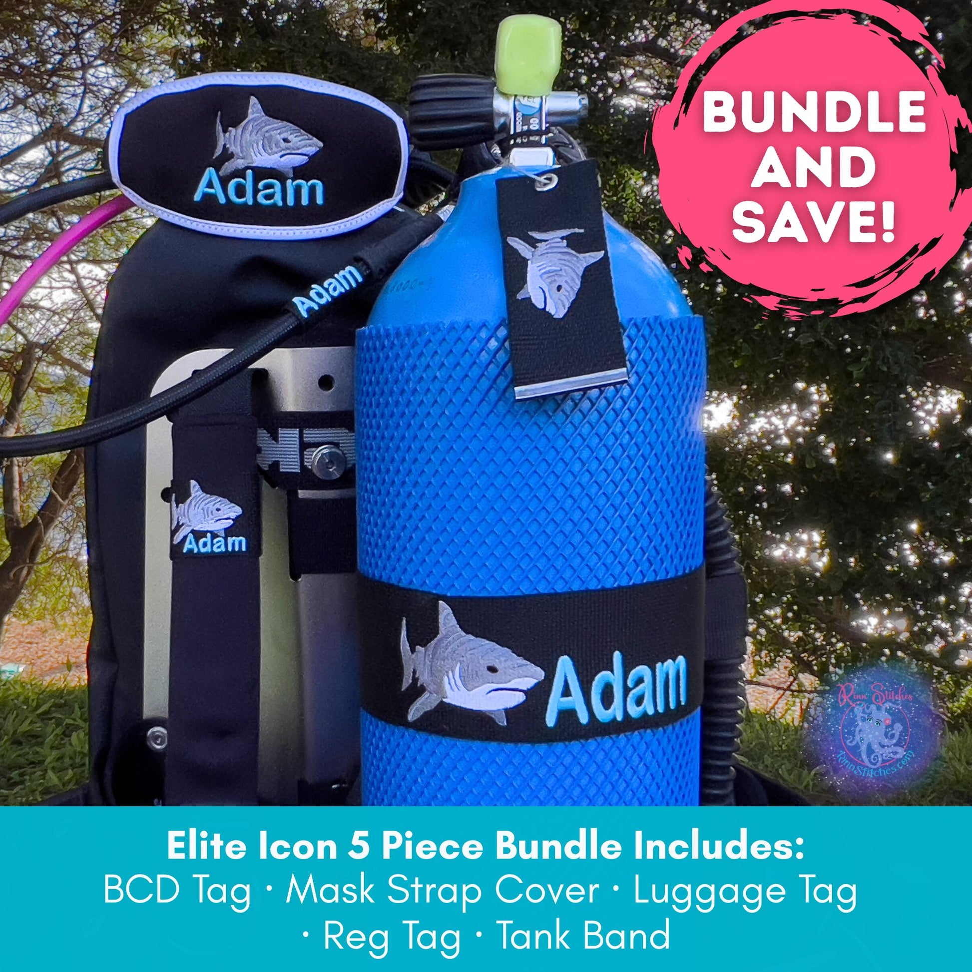 Elite Icon Kit - 5 piece bundle for scuba divers.  BCD Tag, Reg Tag, Mask Strap Cover, Tank Band, and Luggage Tag. Shown on scuba gear featuring a Tiger Shark Design by Rinn Stitches in Maui Hawaii
