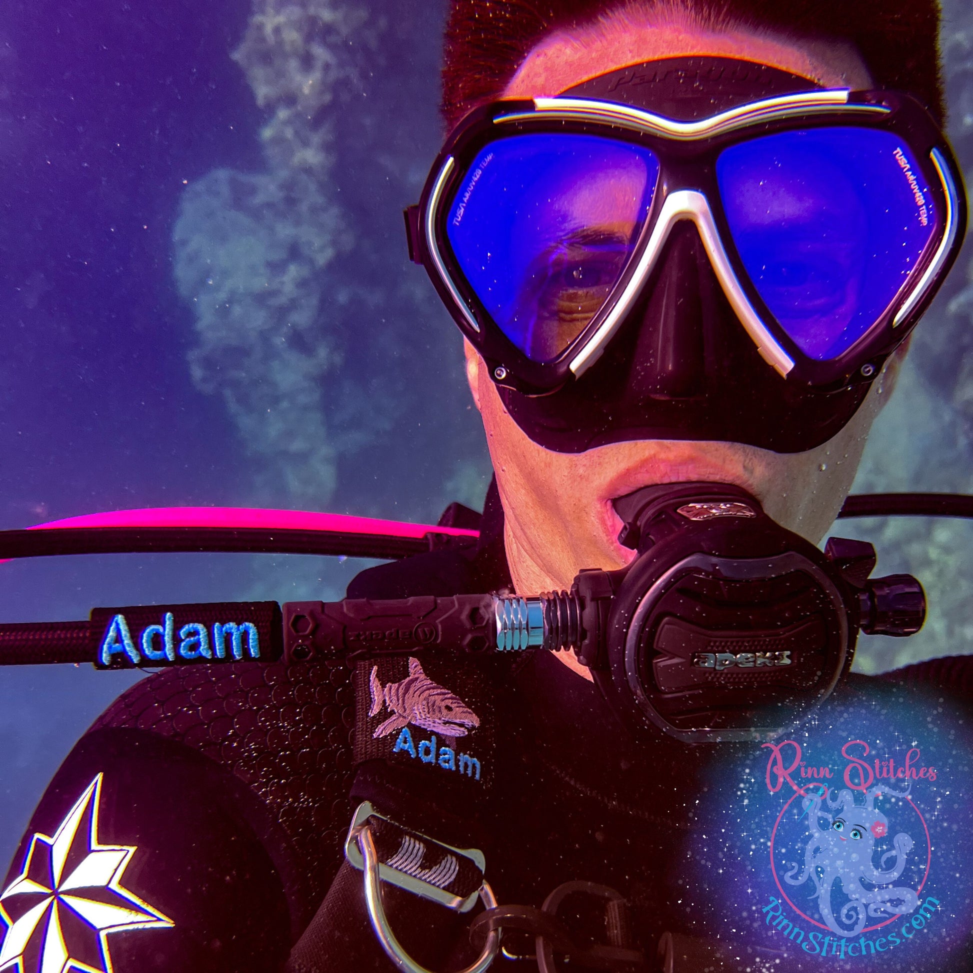 Scuba Diving Regulator Tag featuring the name Adam on a Scuba Diver under water. Made by Rinn Stitches on Maui, Hawaii