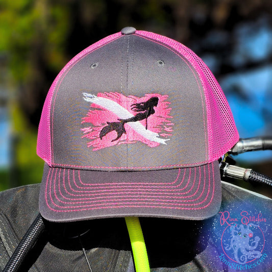 Mermaid Dive Flag - Women's Dive Day 2024 Exclusive Design Snap Back Hat Neon Pink by Rinn Stitches on Maui, Hawaii