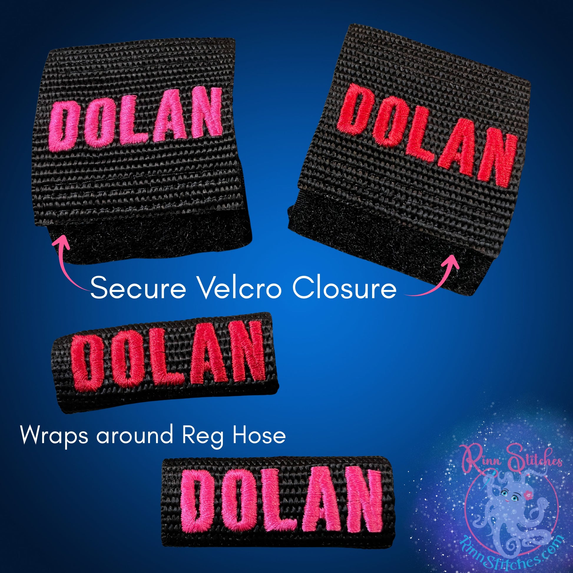 Scuba Diving Regulator Tags featuring the name Dolan in Red and Neon Pink attached to regulator hoses. Made by Rinn Stitches on Maui, Hawaii