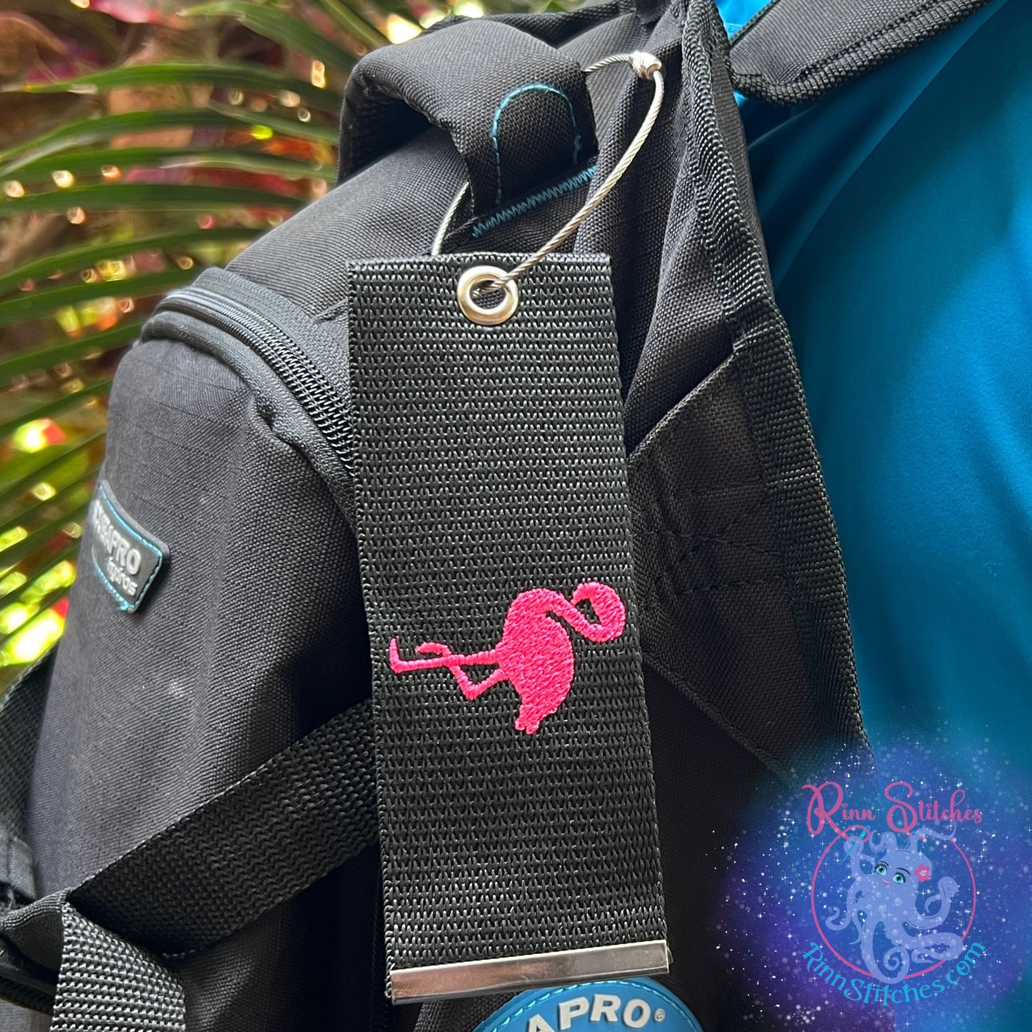 Flamingo Luggage Tag, Personalized Embroidered Bag Tag for all your Travel needs by Rinn Stitches on Maui, Hawaii