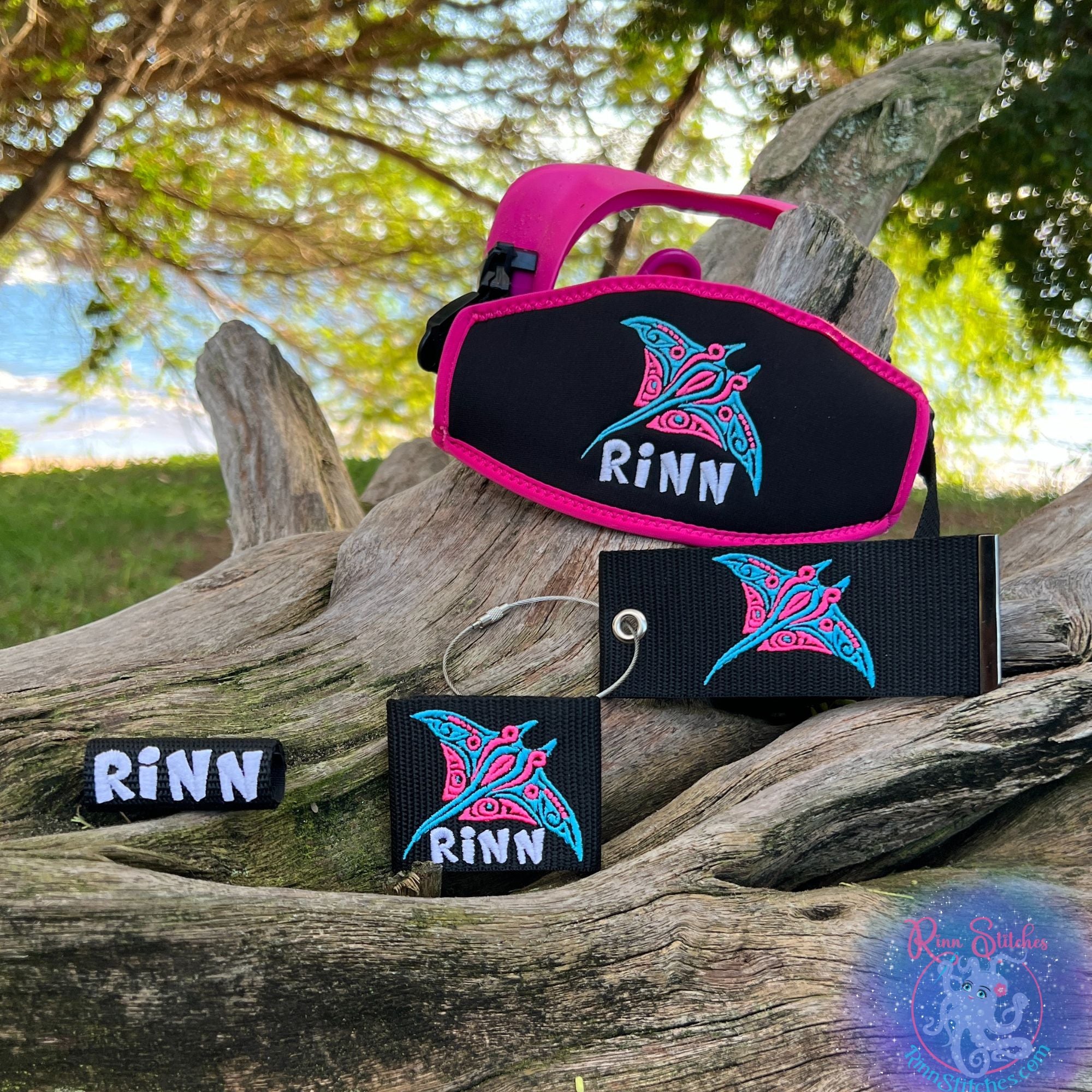 Ocean Pro Pack 4 Piece Bundle - BCD Tag, Mask Strap Cover, Luggage Tag, and Reg Tag, plus Free Stickers by Rinn Stitches on Maui Hawaii