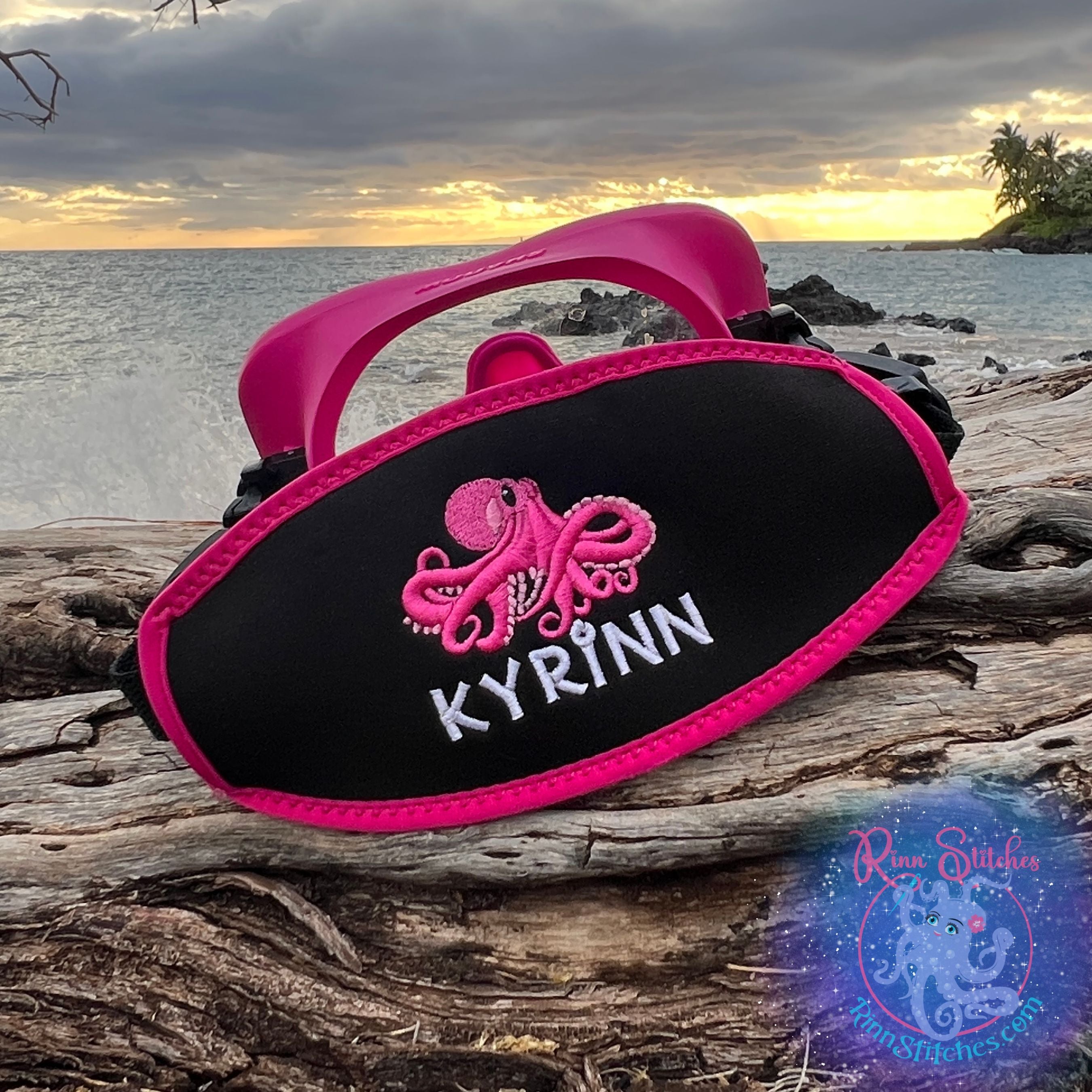 Personalized Mask Strap Covers | Maui Made | Fuchsia and Pink Octopus Design with the name Kyrinn in white thread in our Waikiki Font | Embroidered Scuba Accessories