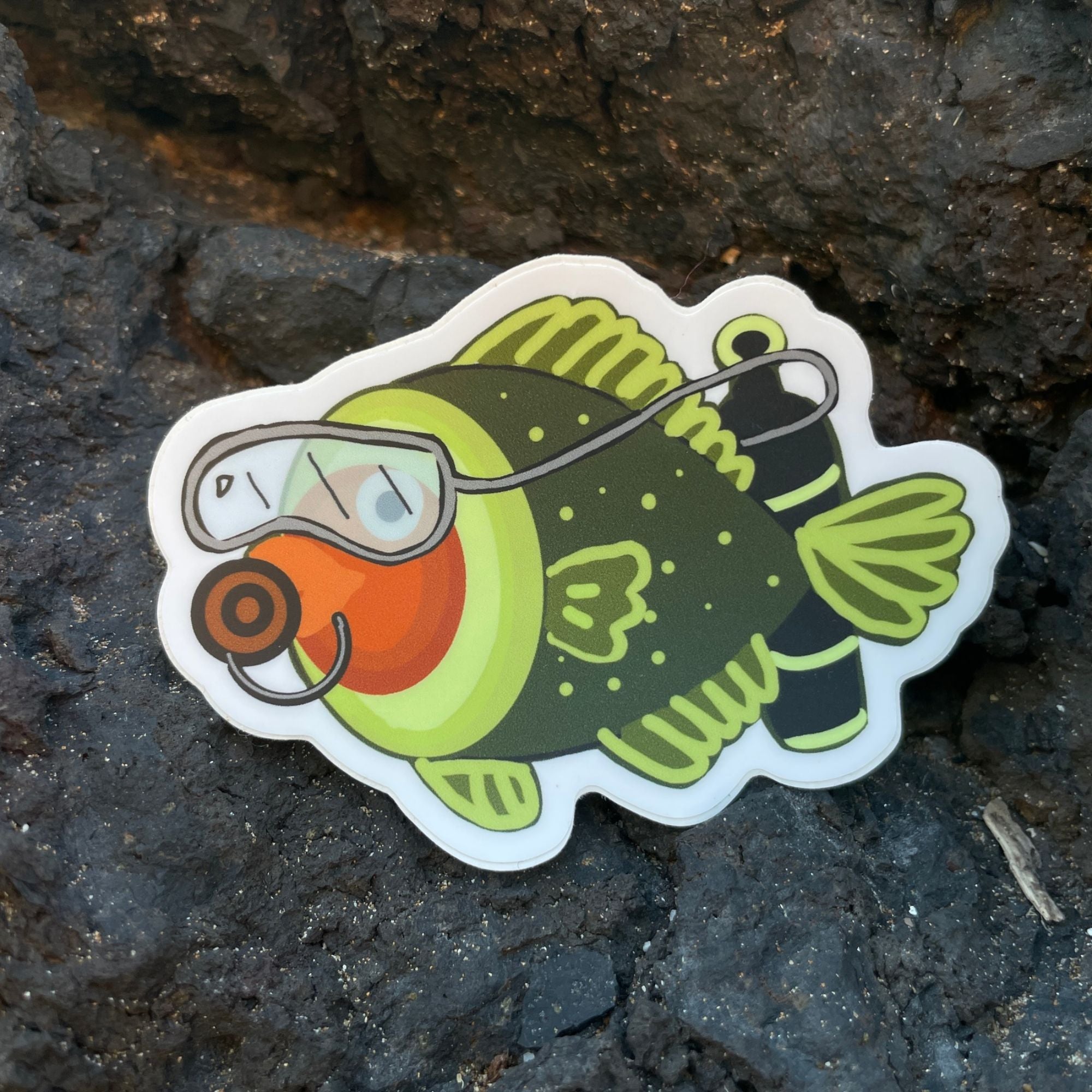 Part avocado part fish, all scuba fun! Vinyl sticker made by Golden Toad Studio