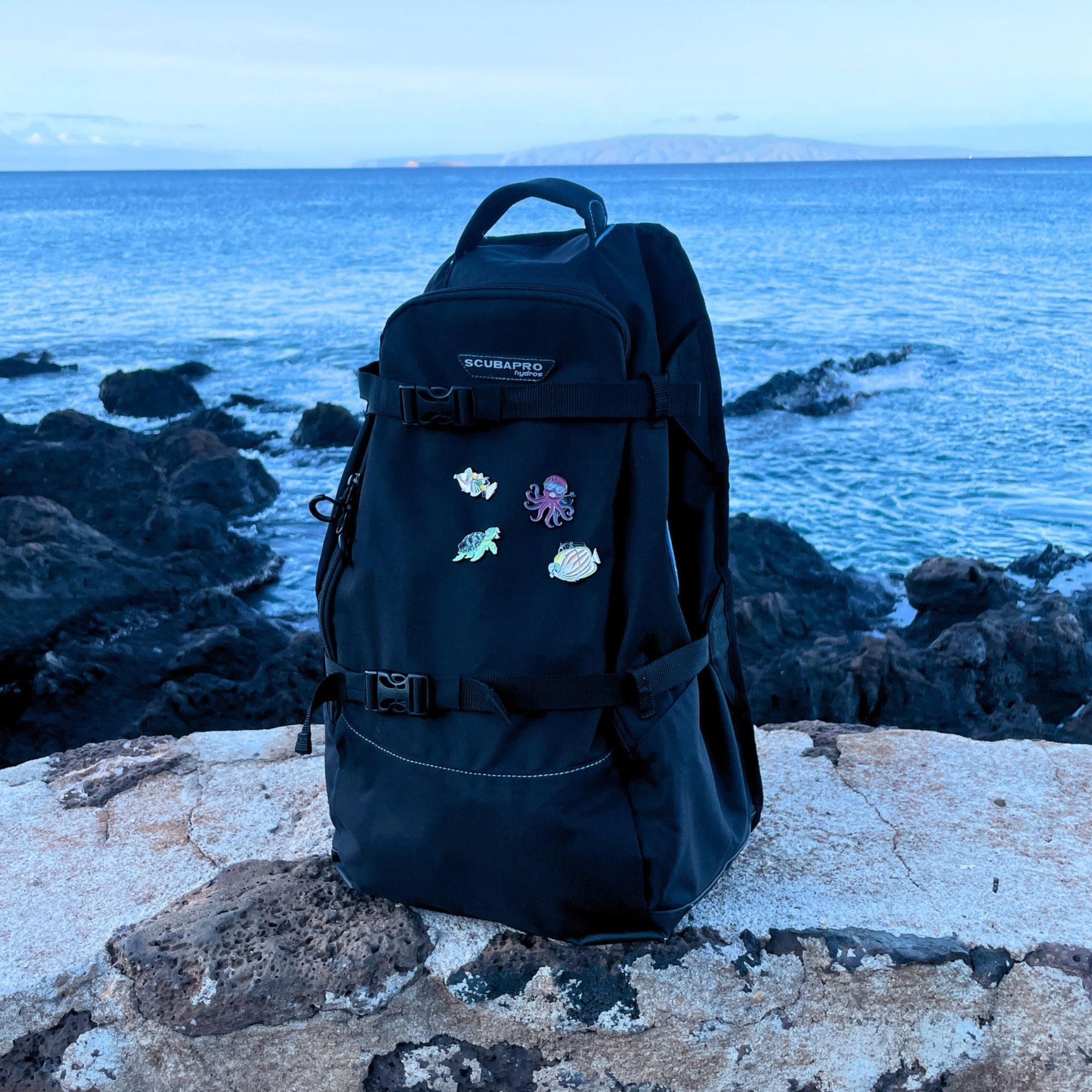 4 ocean themed enamel pins on a Scuba Pro backpack on the wall at a Maui beach park.