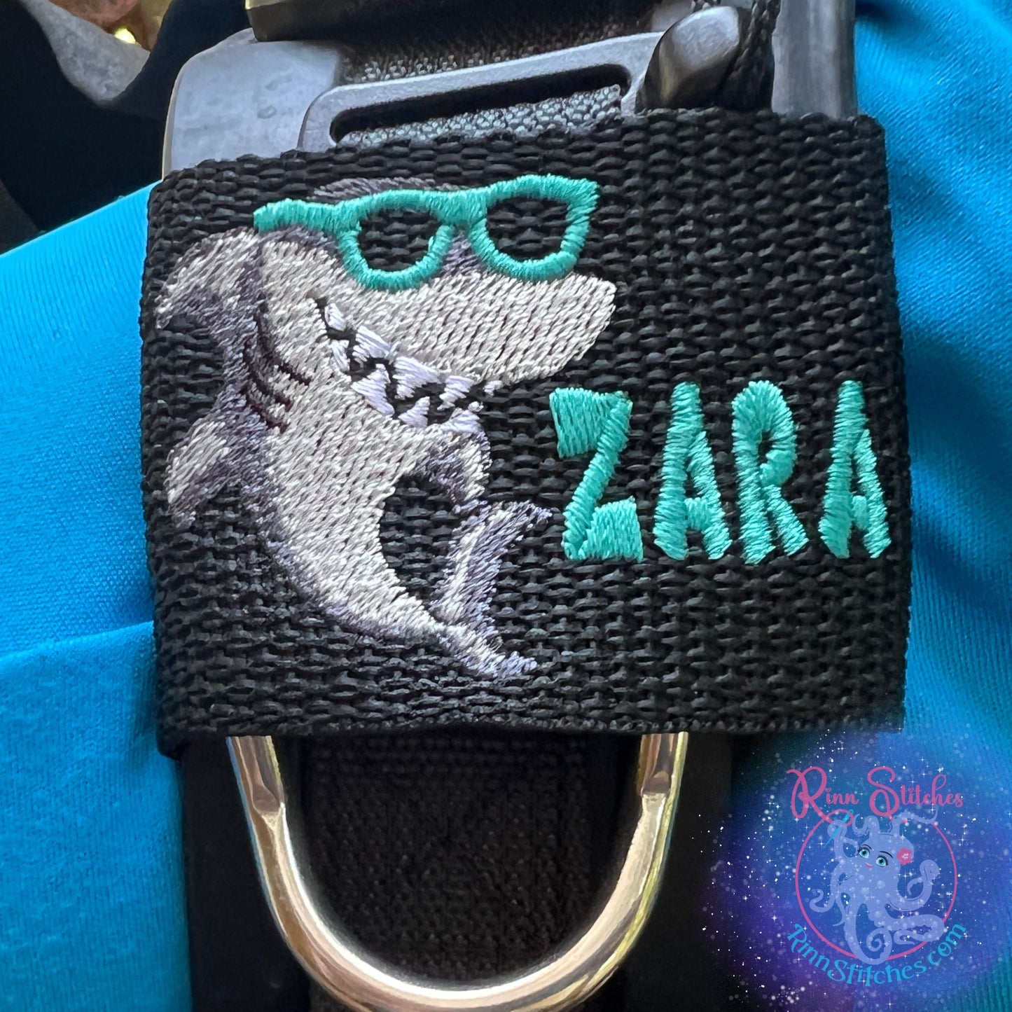 Cool Shark Personalized BCD Tag by Rinn Stitches on Maui, Hawaii - Small BCD Jacket Size (Scuba Pro Hydros, Zeagle Zena)