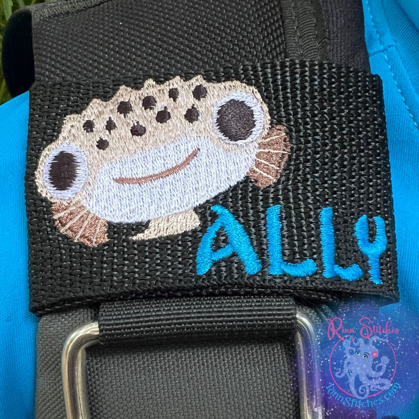 Cute Puffer Fish Face Personalized & Customizable Scuba Diver BCD Identification Tag By Rinn Stitches on Maui, Hawaii