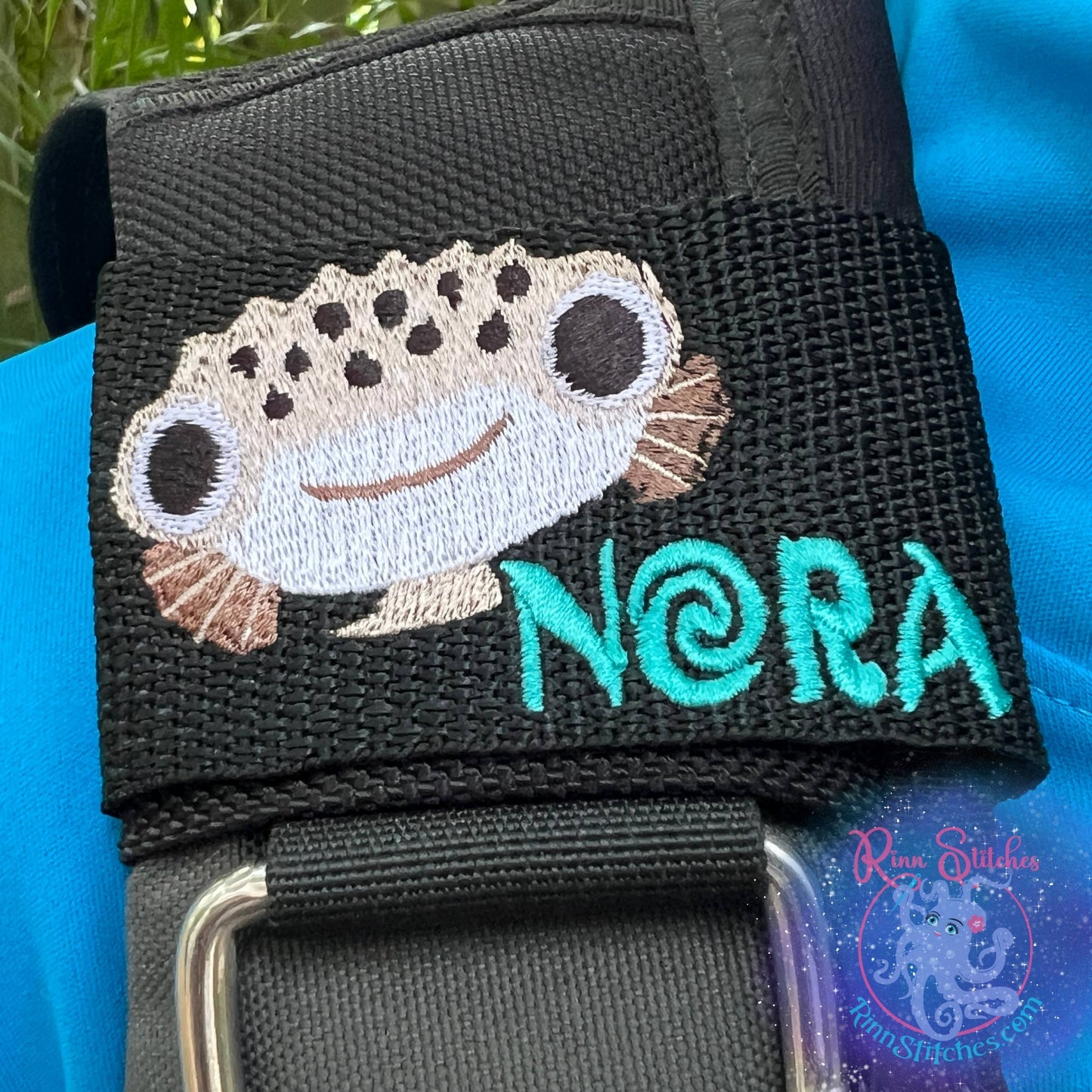 Cute Puffer Fish Face Personalized & Customizable Scuba Diver BCD Identification Tag By Rinn Stitches on Maui, Hawaii