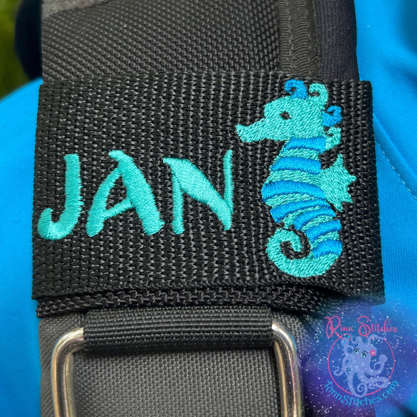 Cute Seahorse Personalized BCD Tag By Rinn Stitches on Maui, Hawaii