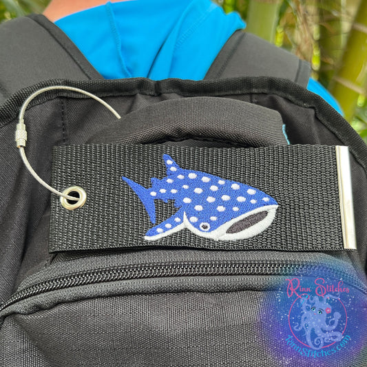 Cute Whale Shark Luggage Tag, Personalized Embroidered Bag Tag for all your Travel needs by Rinn Stitches on Maui, Hawaii