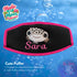 A black neoprene mask strap cover with fuchsia piping and an embroidered Cute Puffer Fish with Sara in fuchsia. 