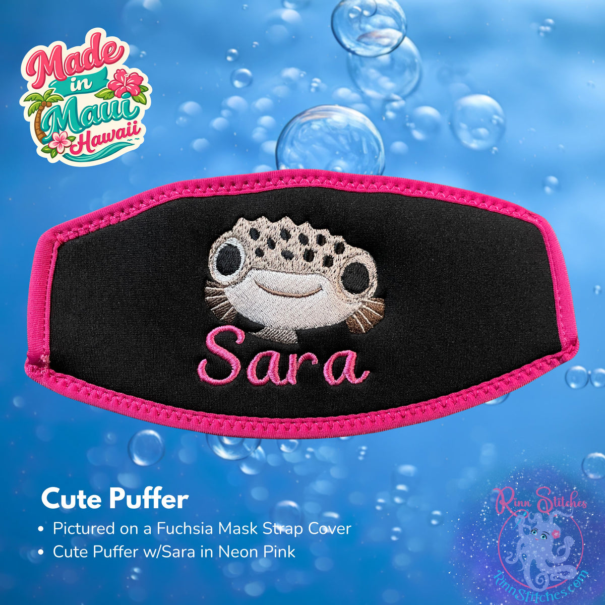 A black neoprene mask strap cover with fuchsia piping and an embroidered Cute Puffer Fish with Sara in fuchsia. 