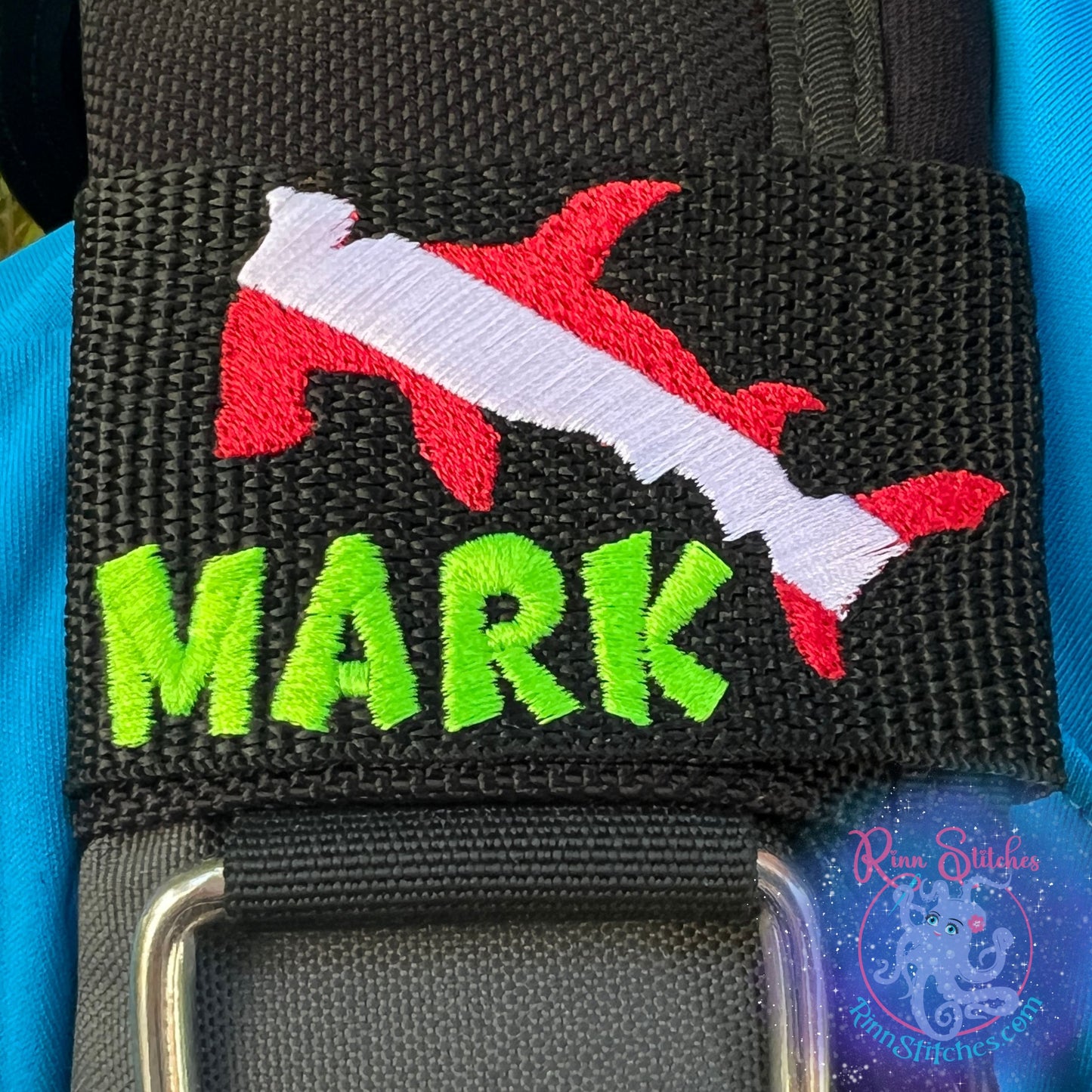 Dive Flag Hammerhead Shark Personalized BCD Tag By Rinn Stitches on Maui, Hawaii